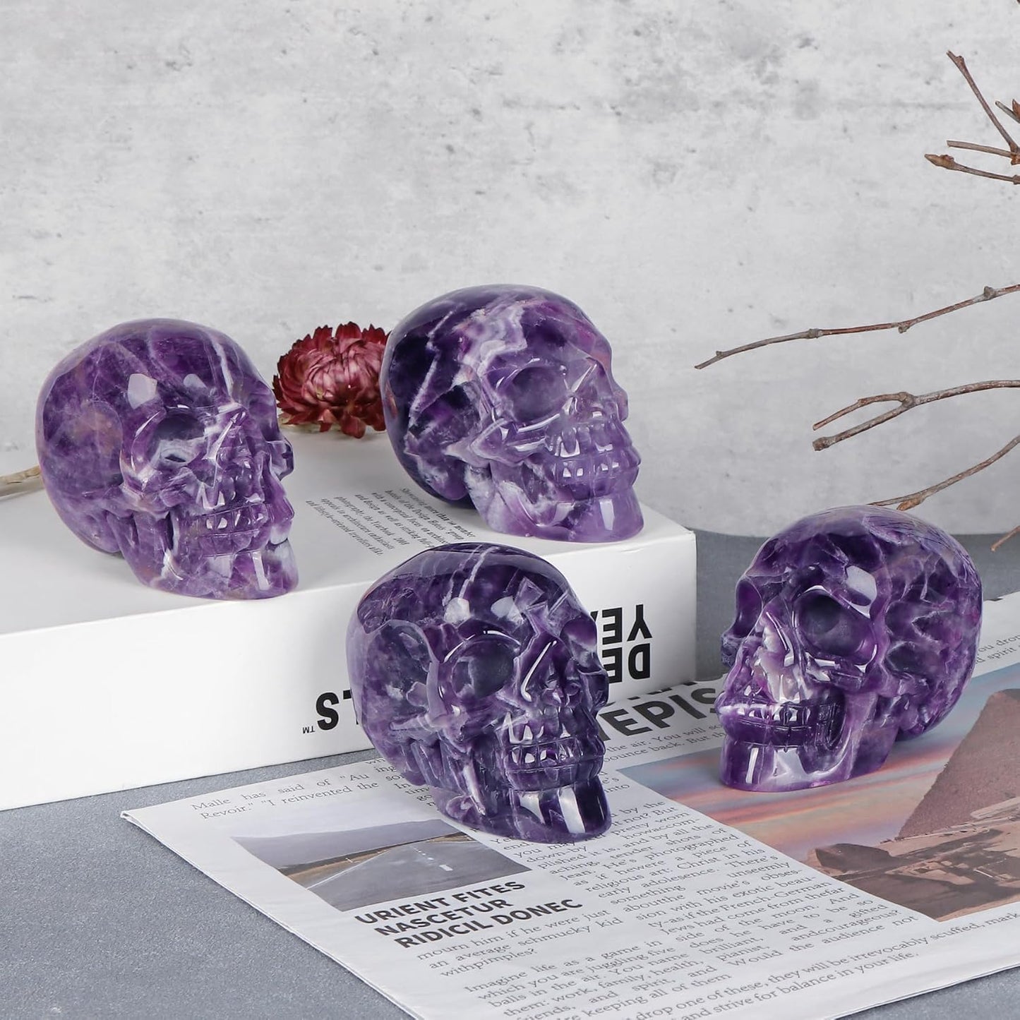 Amethyst Crystal Skull Head Figurine Hand Carved Large Quartz Gemstone Skull Statue Sculpture Decor for Day of The Dead Halloween(3 Inches)