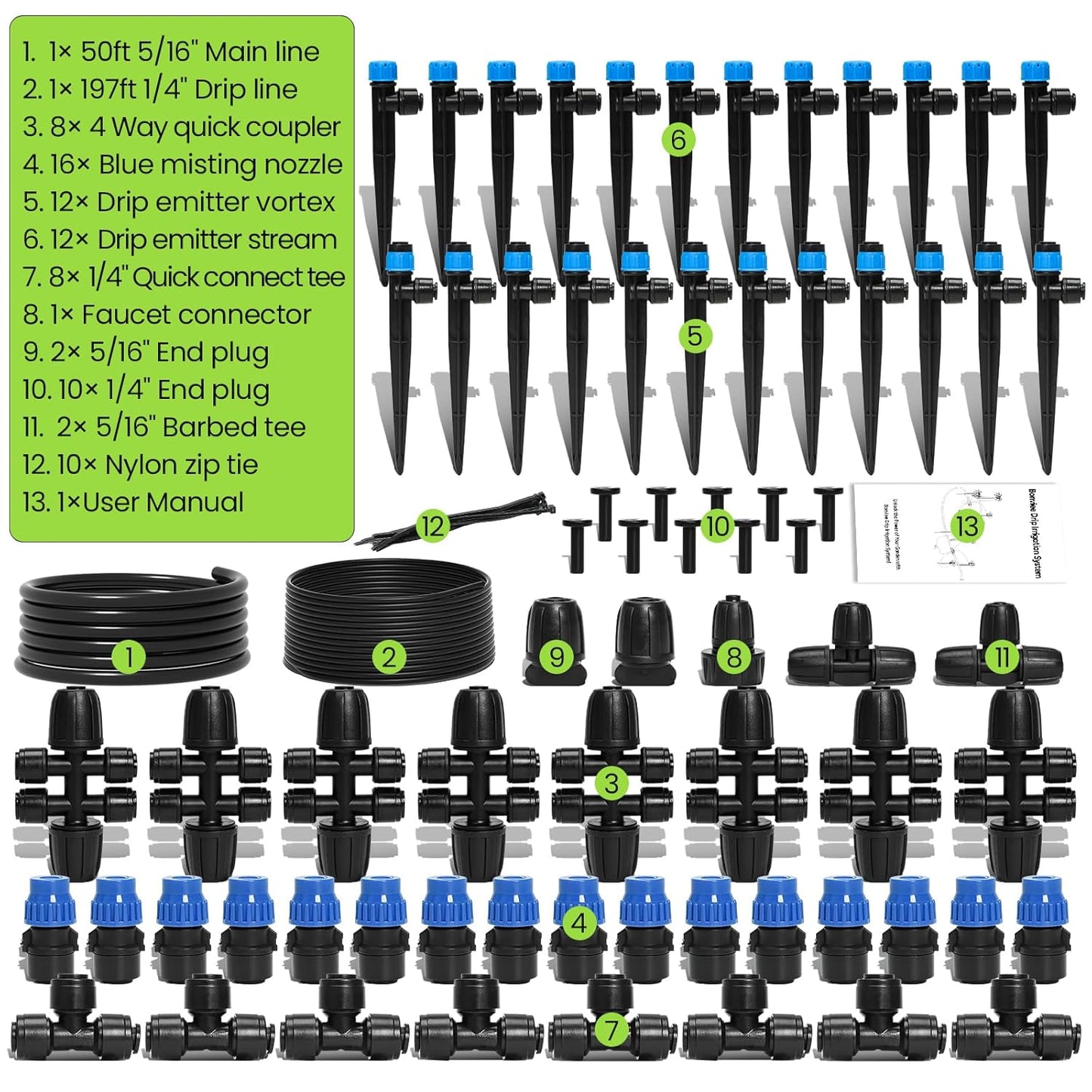 Bonviee 247FT Drip Irrigation System, Automatic Garden Watering System Kit with 50FT 5/16” & 1/4” Drip Tubing, Quick-to-Connect Fittings, Adjustable Drip Emitters for Raised Beds, Greenhouse, Lawn