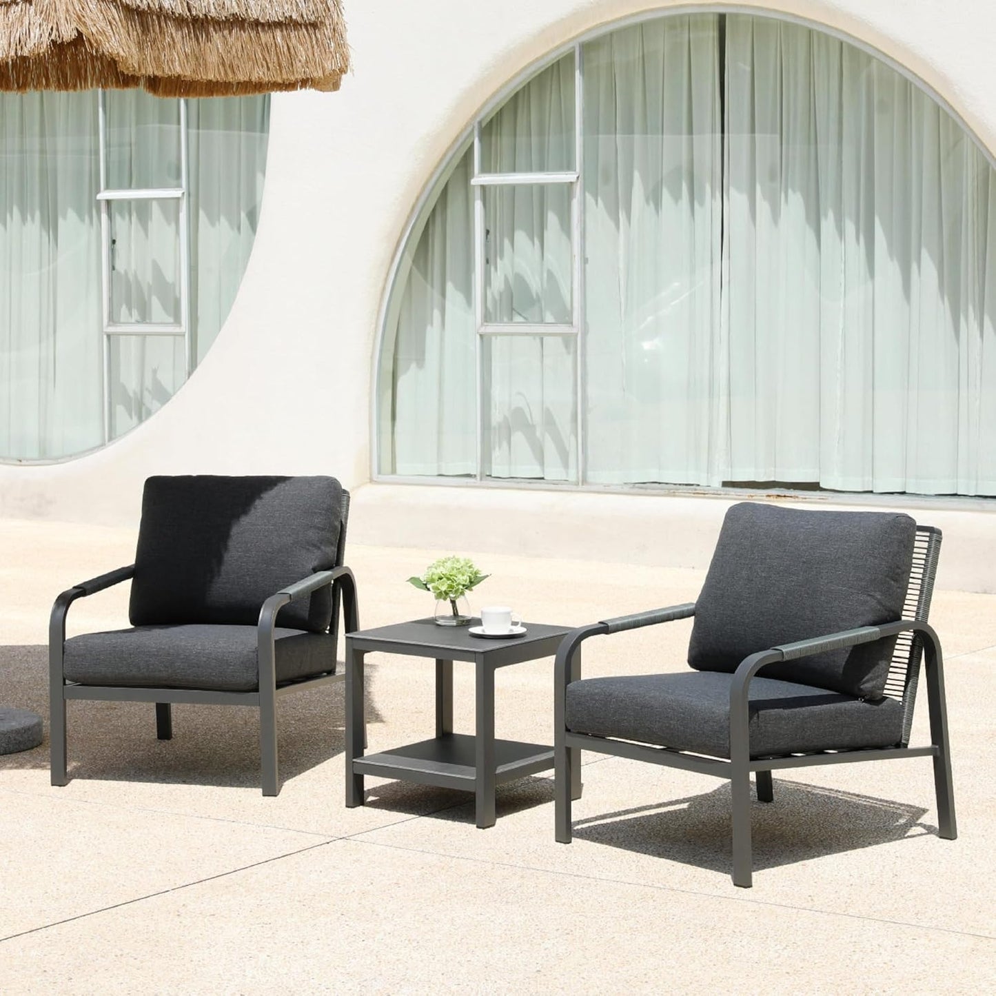 3 Piece Outdoor Bistro Set, All Day Hand-Woven Rattan Patio Furniture Set with Aluminium Frame and Coffee Table, Waterproof Fabric, Thickened Sponge Cushion, Suitable for Patio, Deck,Grey