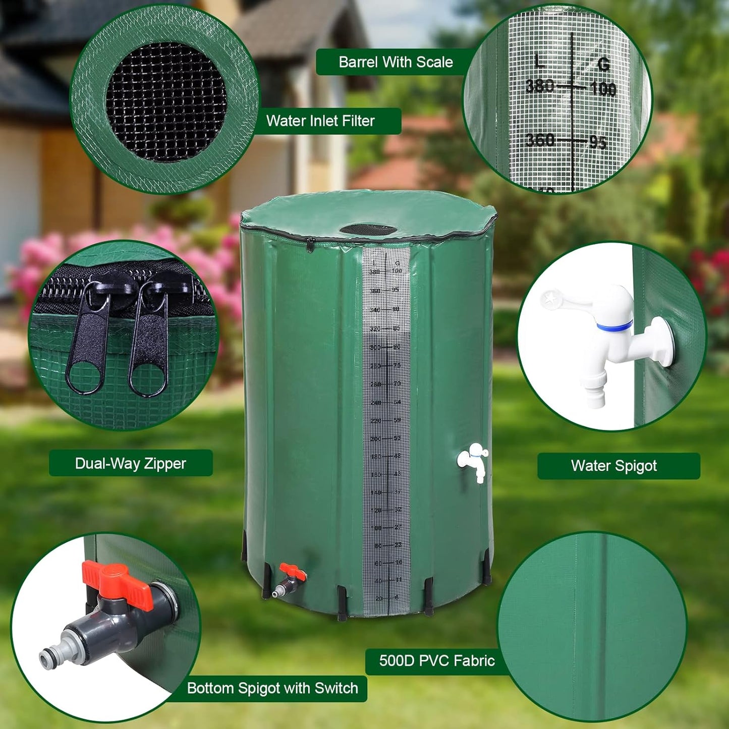 Collapsible Rain Barrel, 100 Gallon Portable Rainwater Collection System, Rain Catcher Barrel with Volume Scale Mark, Two Spigots and Overflow Kit, Rain Water Barrel Collector for Garden, Green