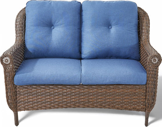 Patio Loveseat Outdoor Wicker Sofa - Heavy Duty All-Weather Brown Rattan 2-Person Sofas with High Back and Comfortable Thick Cushions for Garden Back Porch Poolside Apartment - Navy Blue
