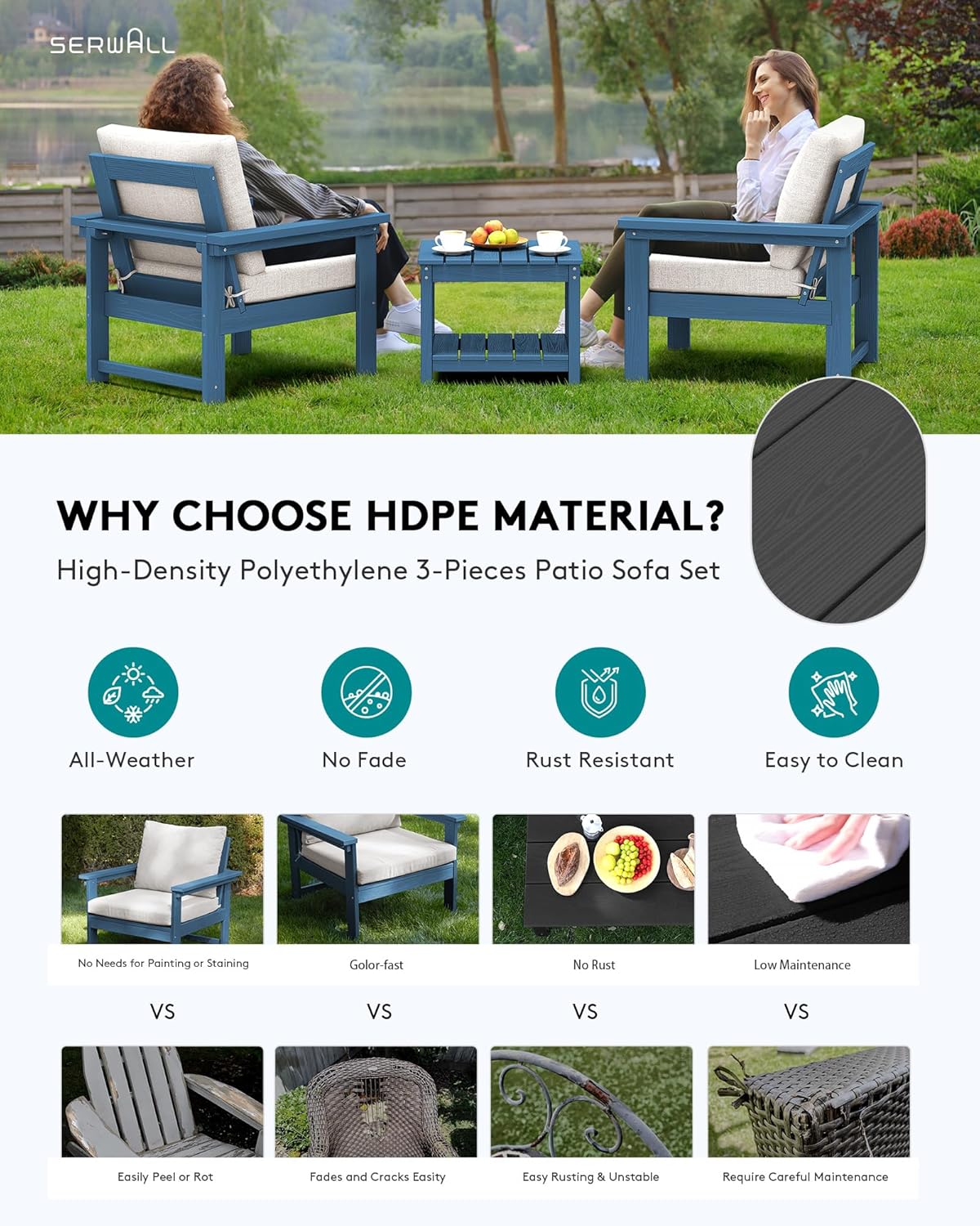 SERWALL HDPE Patio Sofa Set, 3-Piece Sectional Outdoor Furniture Set, All Weather Outdoor Couch Set Patio Furniture Set for Deck, Lawn, Blue Frame with Khaki Cushion