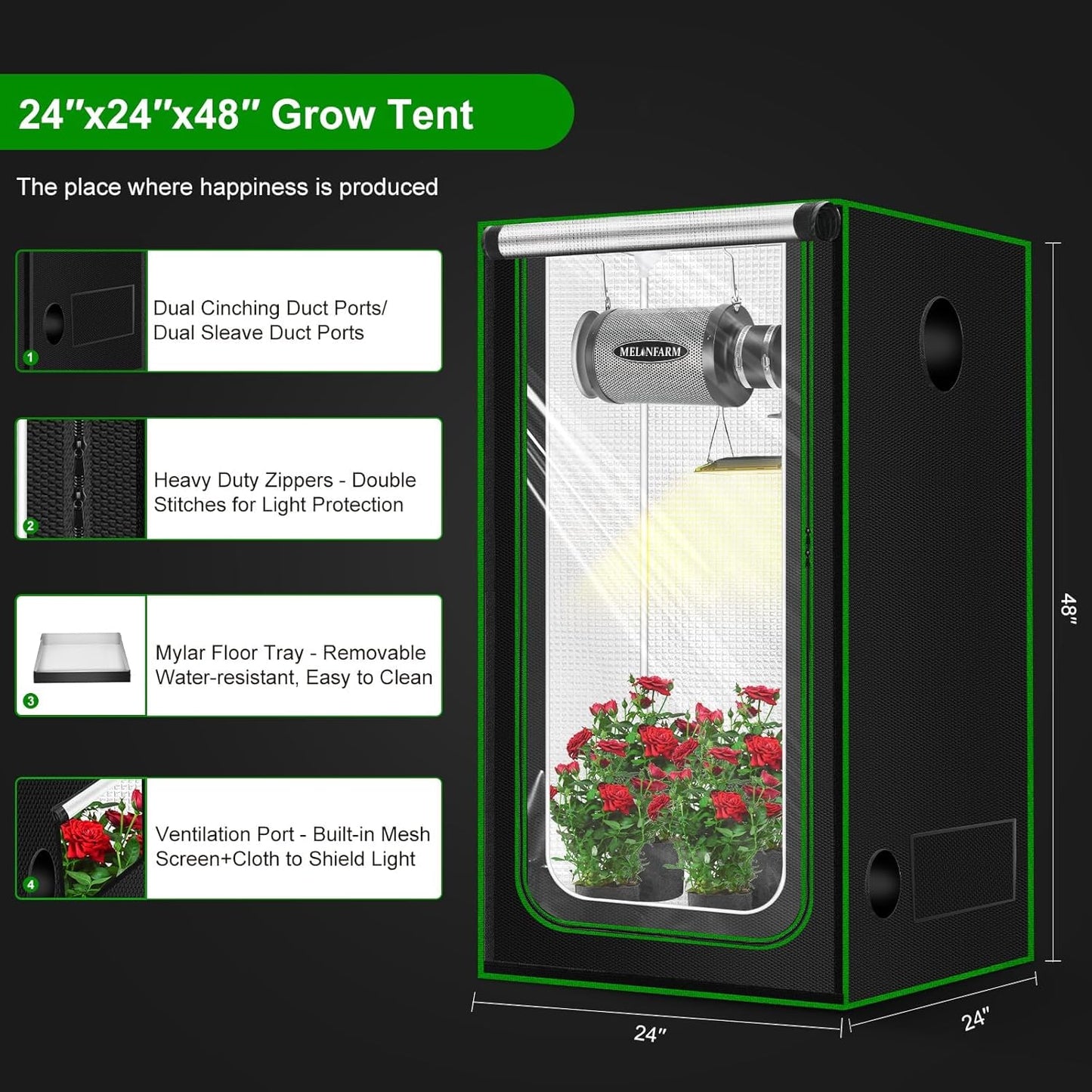 MELONFARM 2x2 Grow Tent, 24"x24"x55" Double Transparent Viewing Door Indoor Grow Tent, Growing Tent with High Reflective Mylar & Floor Tray, Plant Tent for Indoor Hydroponics Growing