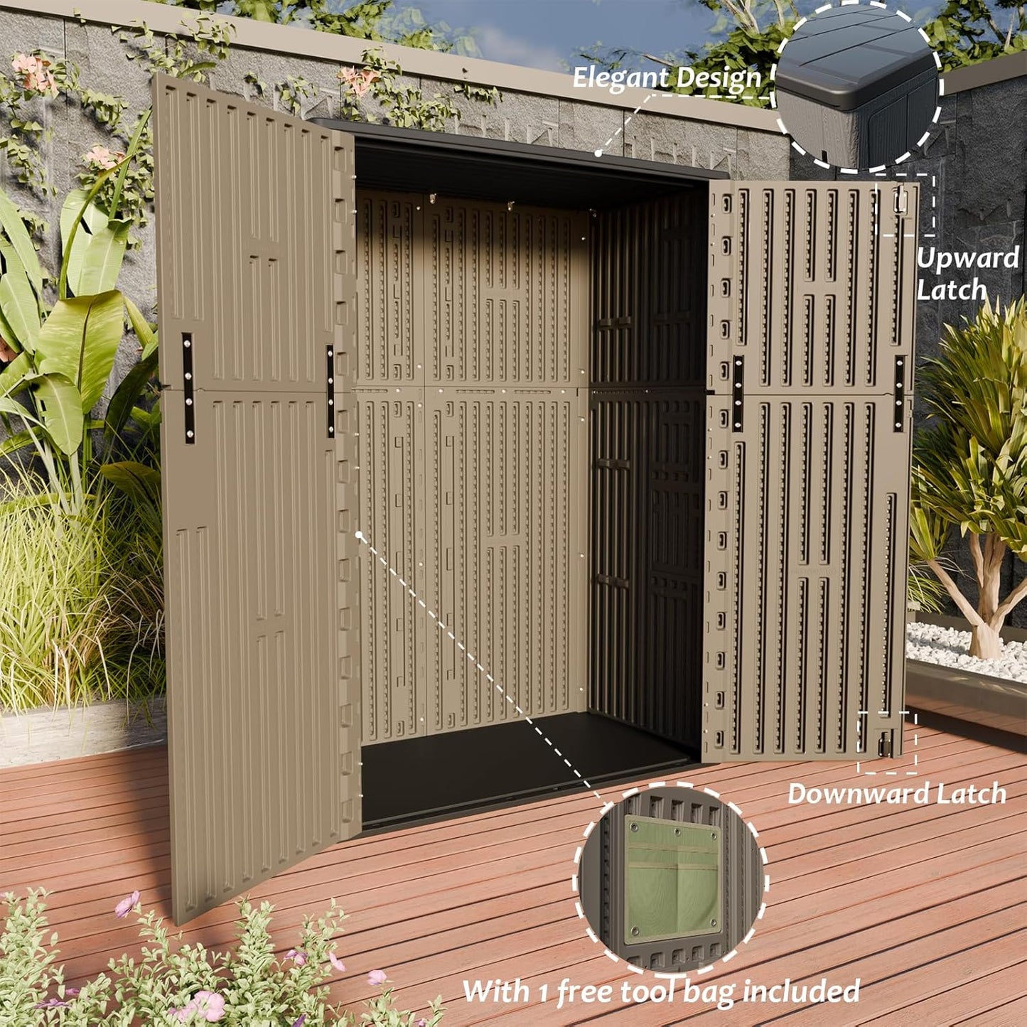 HOMSPARK Outdoor Storage Shed Weather Resistance, Patio Storage Cabinet Lockable Resin Tool Shed for Storage of Bike, Trash Cans, Garden Tools (Shallow Coffee, 66 Cu.ft)