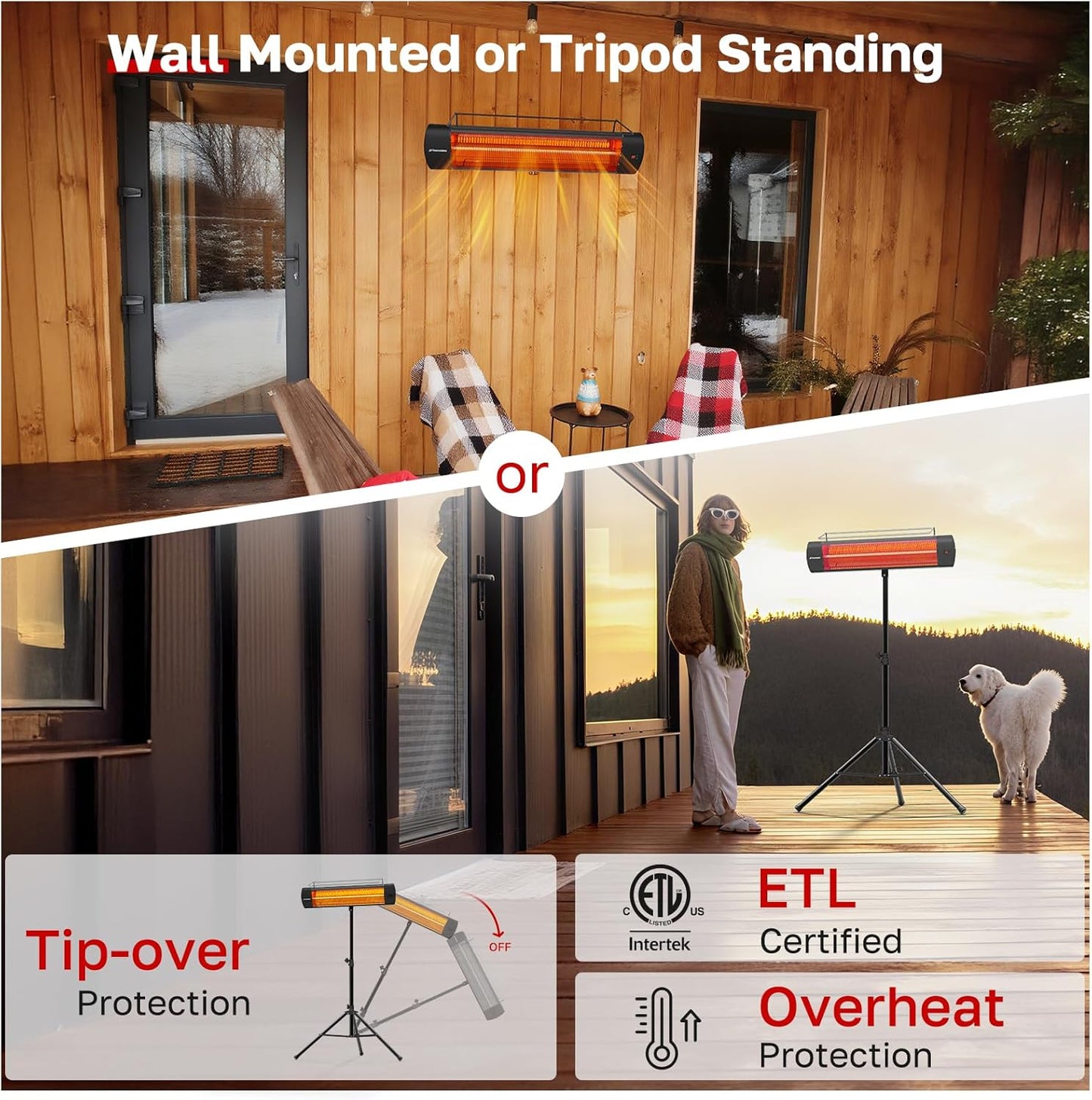 ThermoMate Infared Patio Heater for Outdoor with Tripod, Electric 1500W IP65 Waterproof with Remote, 3 Heating Levels & 24H Timer for Restaurant Backyard, Plug-in 120V Black