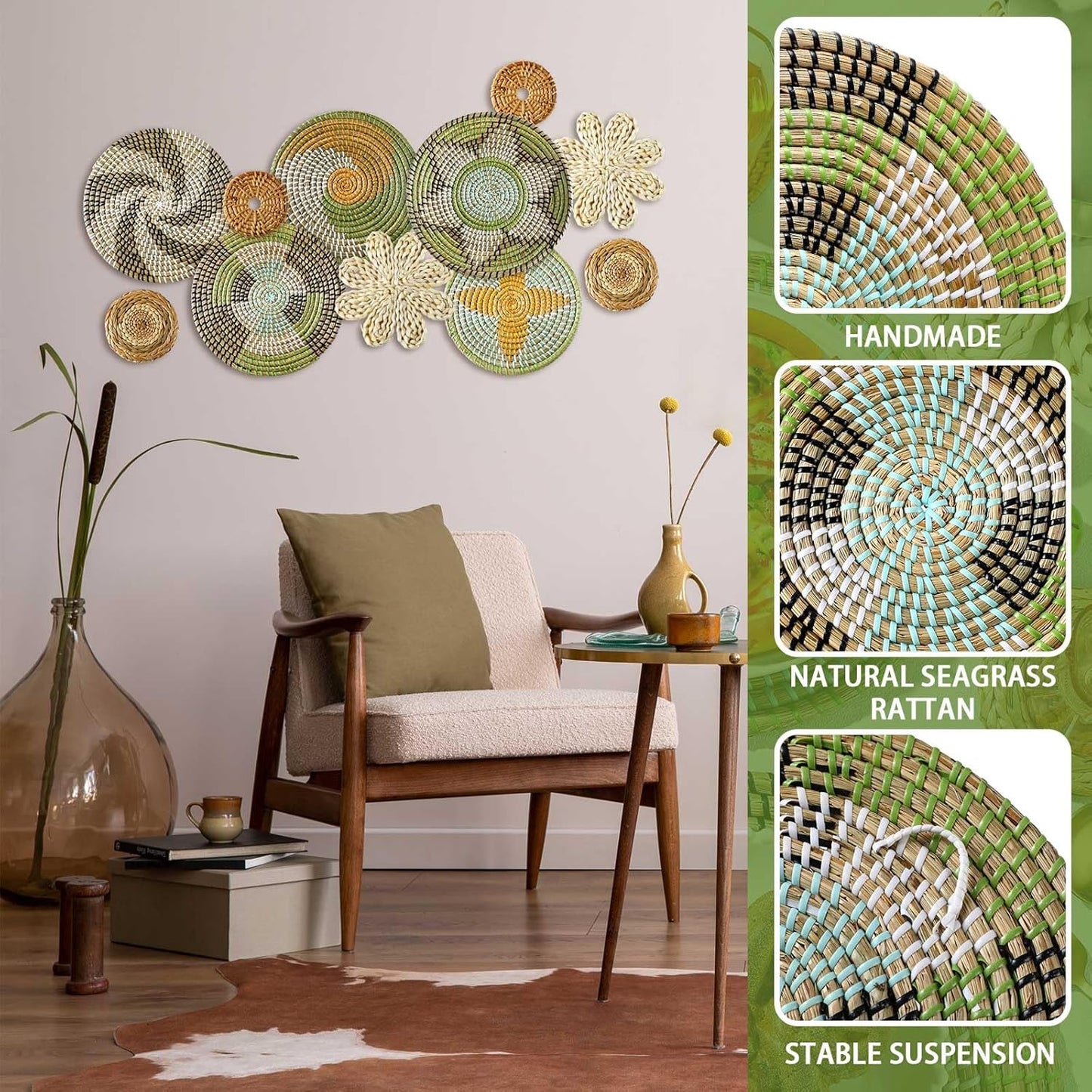 Tatuo 11 Pcs Boho Wall Basket Decor Decorative Bulrush Woven Basket Wall Decor Art Round Farmhouse Hanging Baskets for Kitchen Rustic Home Summer Decorations, Multi Sizes(Stylish)