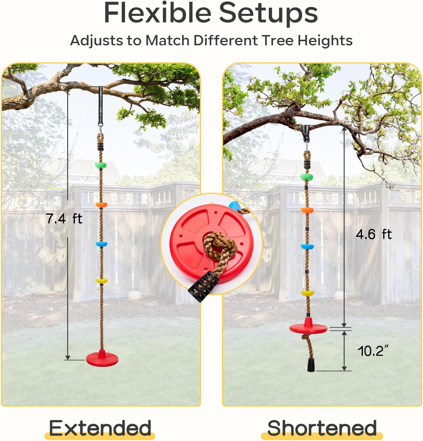 DECORLIFE Adjustable Rope Swing for Kids, Climbing Rope Disc Swing with Platforms, Carabiner and Tree Strap, Tree Swing for Outdoor, Swing Set Playground Accessories, Red