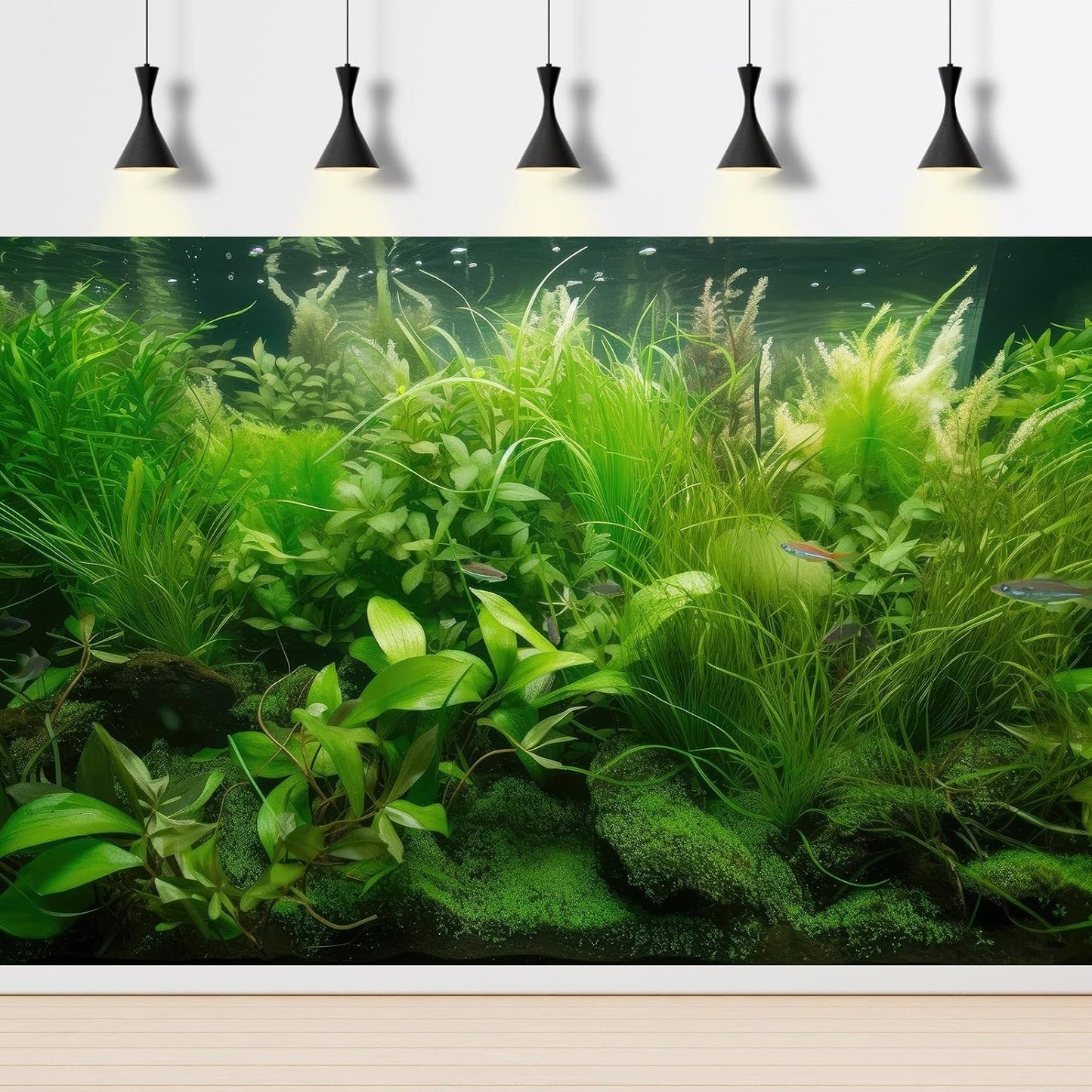 Aquarium Background Diverse Collection of Aquatic Plants Seagrasses Terrarium Background Redwood Root Moss Tropical Style Underwater Lush Green Plants Fish Tank Background Wallpaper Poster 72x24in