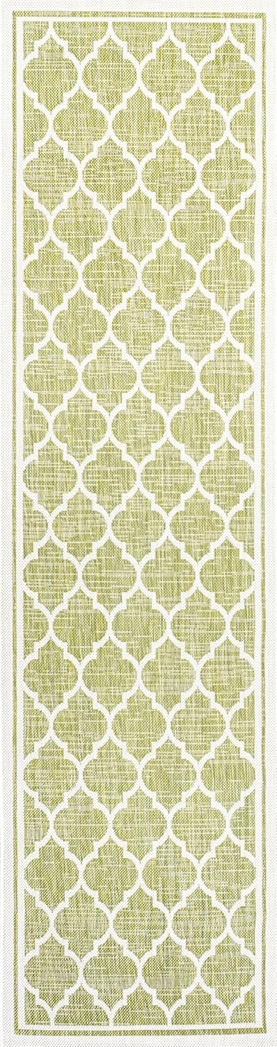 Eyely BMS109G-28 Santa Monica Trebol Moroccan Trellis Textured Weave Indoor/Outdoor Runner Rug Coastal;Bohemian, Bedroom, Backyard, Patio, Easy-Cleaning, Non-Shedding, 2 X 8, Green/Cream