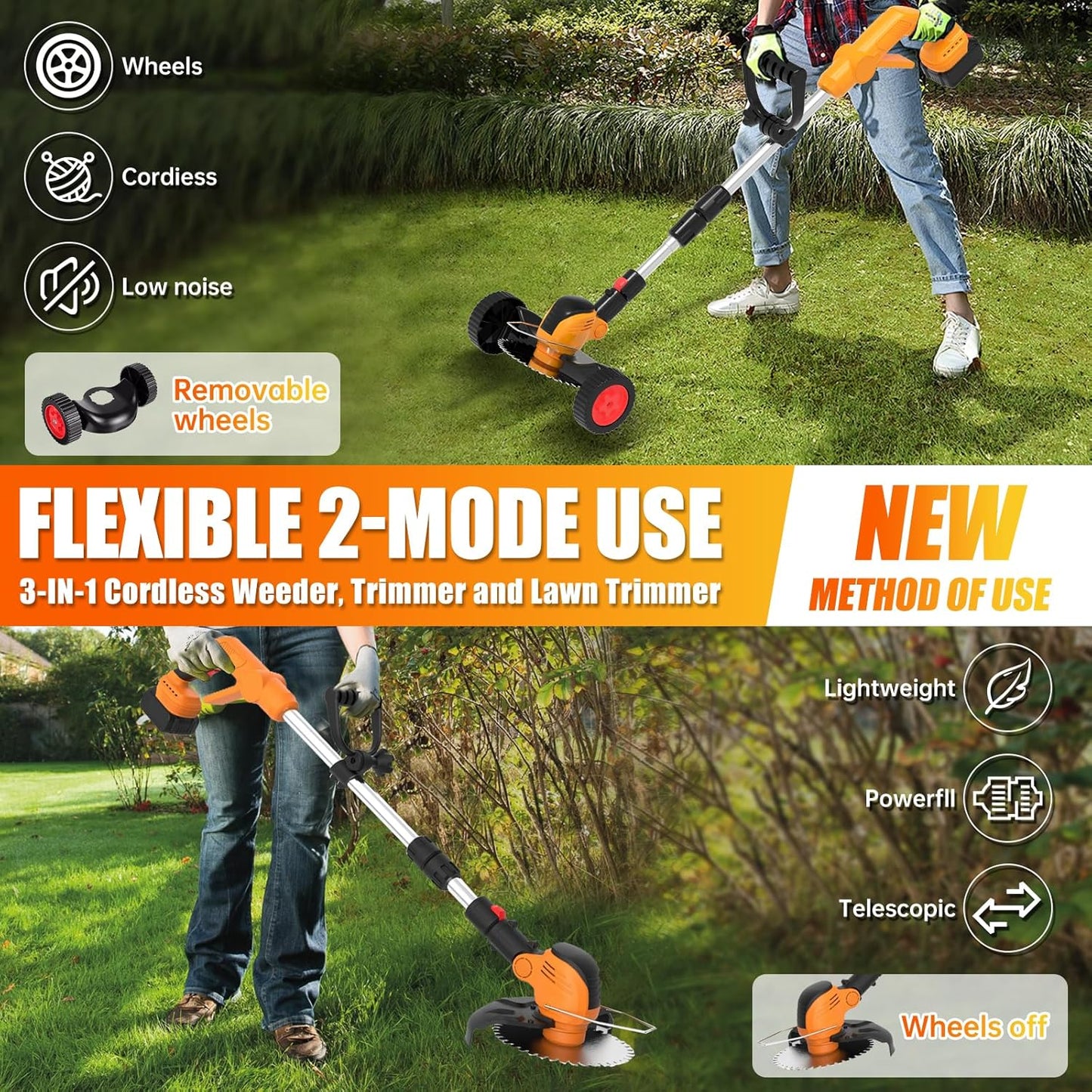 Electric Weed Wacker Eater Cordless String Trimmer Battery Powered, 21V/4000mAh Grass Trimmer Battery Operated Brush Cutter, 3 in 1 Lightweight Weed Trimmer/Lawn Edger/Trimmer Edger for Yard Garden