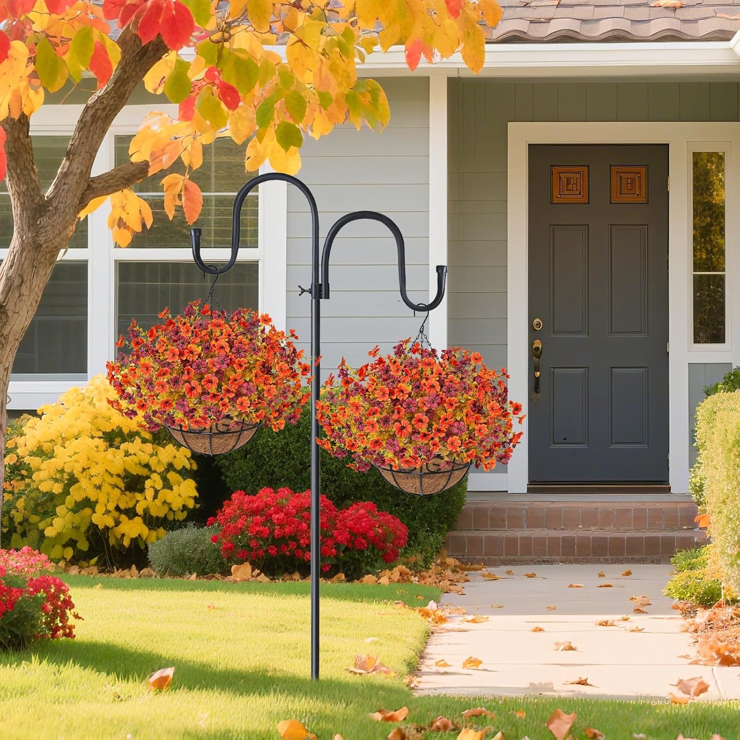 Fall Artfiticial Hanging Flowers Baskets for Outdoors, UV Resistant Fake Fall Hanging Plants, Faux Orange Flowers for Autumn Home Patio Garden Front Porch Balcony Decor (Orange Red)