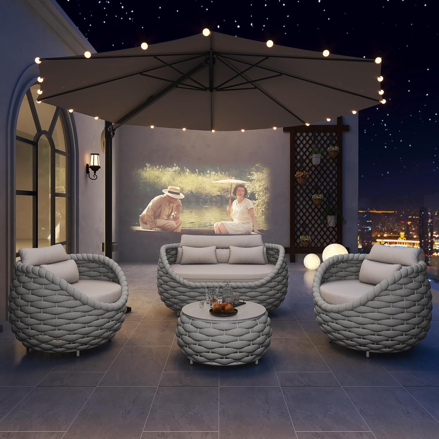 TWT Patio Furniture Sofa Set 4 Pieces Aluminum Outdoor Furniture w/27.8in Coffee Table,Patio Conversation Set with Hand Woven Textilene Rope for Backyard Garden Poolside,Light Gray