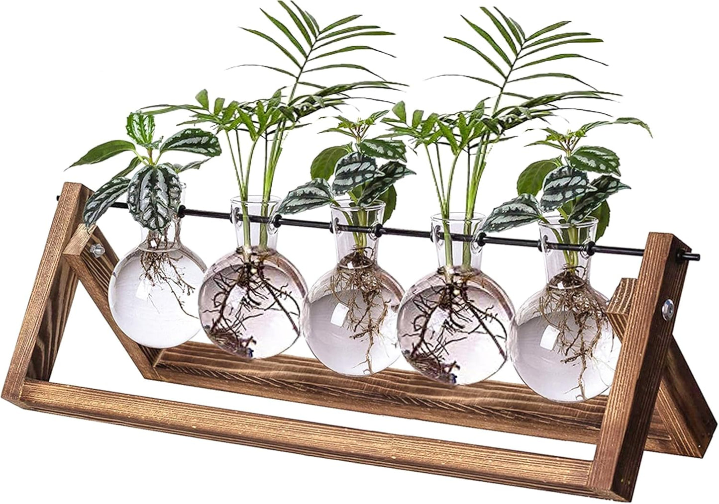 Kingbuy Plant Propagation Station with 5 Bulb Vases Retro Wooden Stand Desktop Glass Planter Terrarium for Hydroponics Plants Home Office Décor