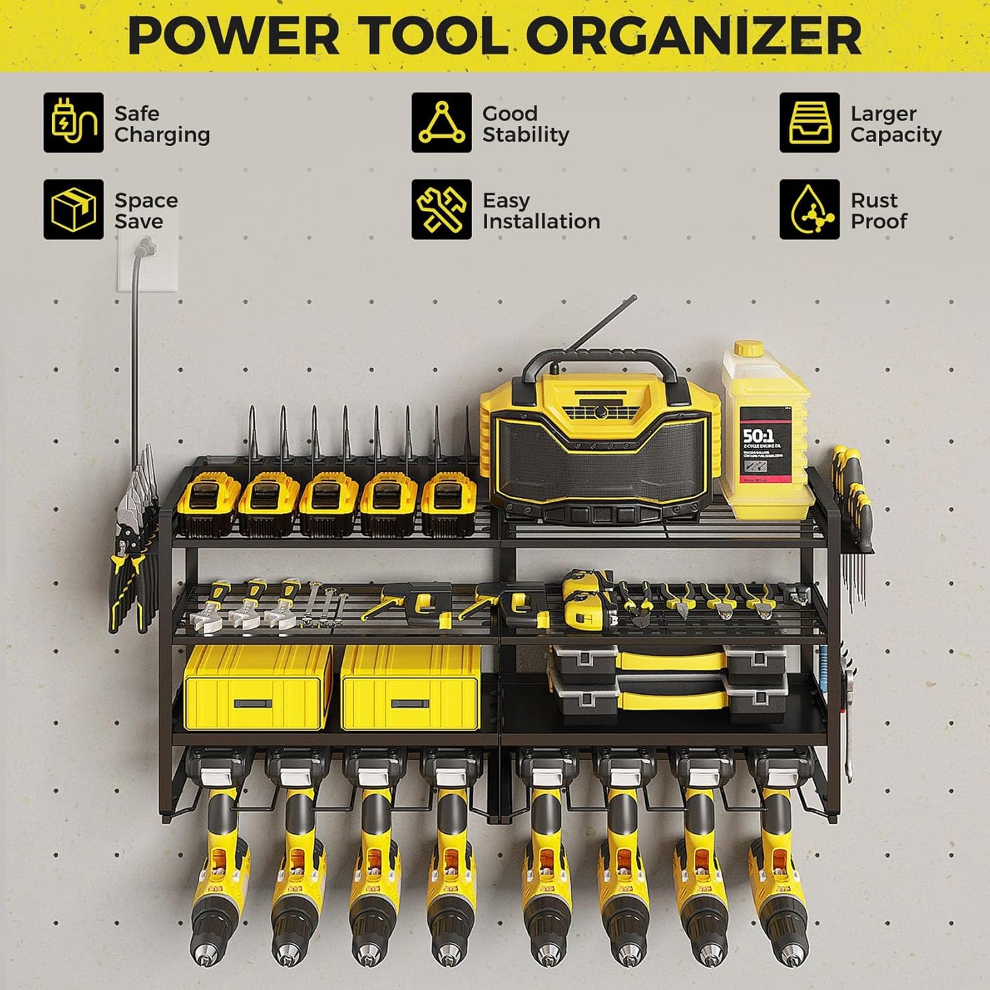 ‌Heavy Duty 4-Layer Power Tool Organizer Wall Mount with 8 Outlet Power Strip- Holds 8 Cordless Drills, 400lbs Capacity Metal Garage Storage Rack‌