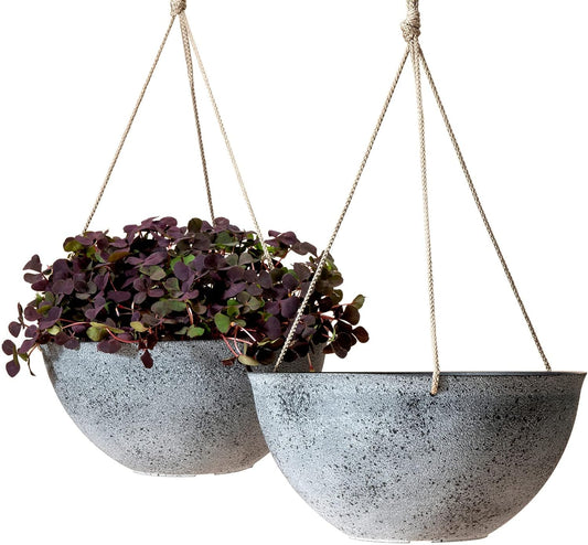 LA JOLIE MUSE Large Hanging Planters for Outdoor Plants - 13 Inch Hanging Flower Pots with Drainage Holes, Set of 2, Rock Grey