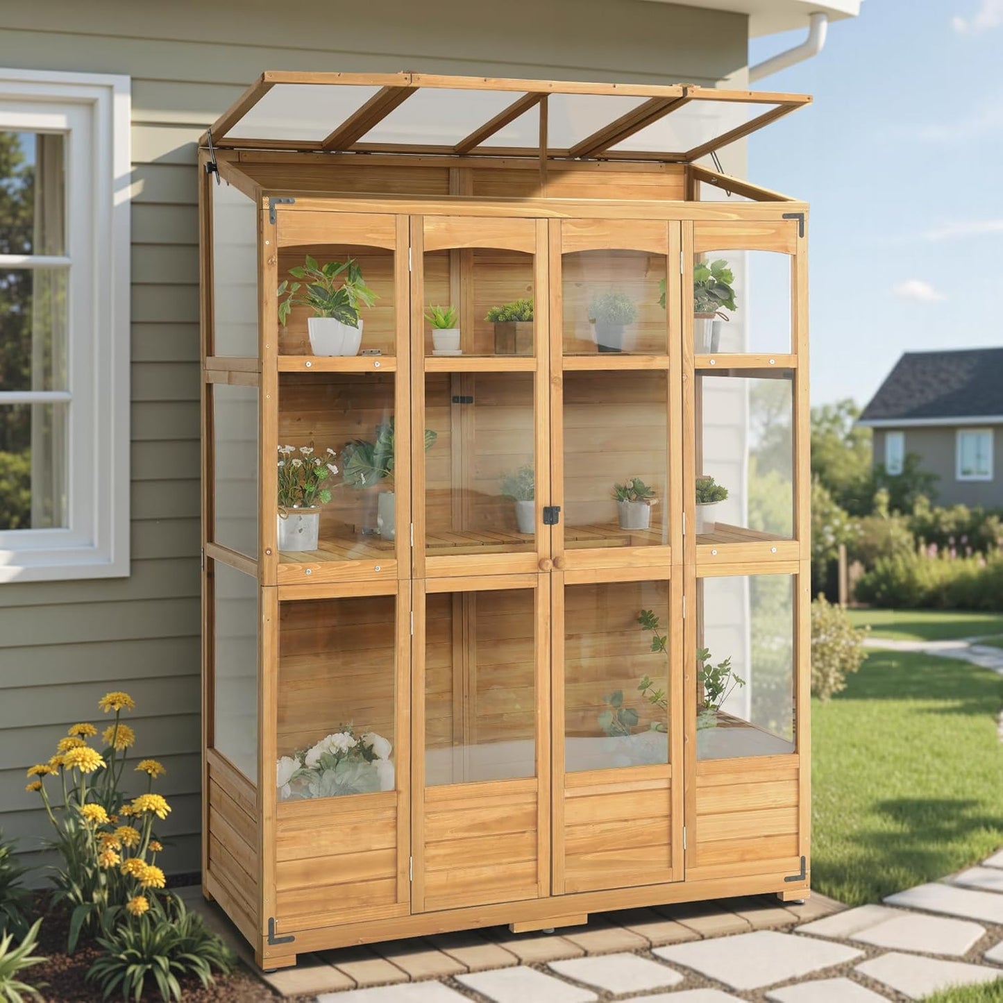 MCombo Wooden Greenhouse, Walk-in Outdoor Greenhouse with Openable Roof and Lockable Door, 0899 (Natural)