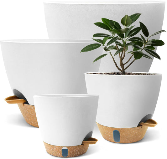 12/10/9/8 inch Self Watering Pots with Visual Water Window, Extra Large Self Watering Plant Pot with Drainage Holes and Saucers, White Flower Pots for Indoor Plants