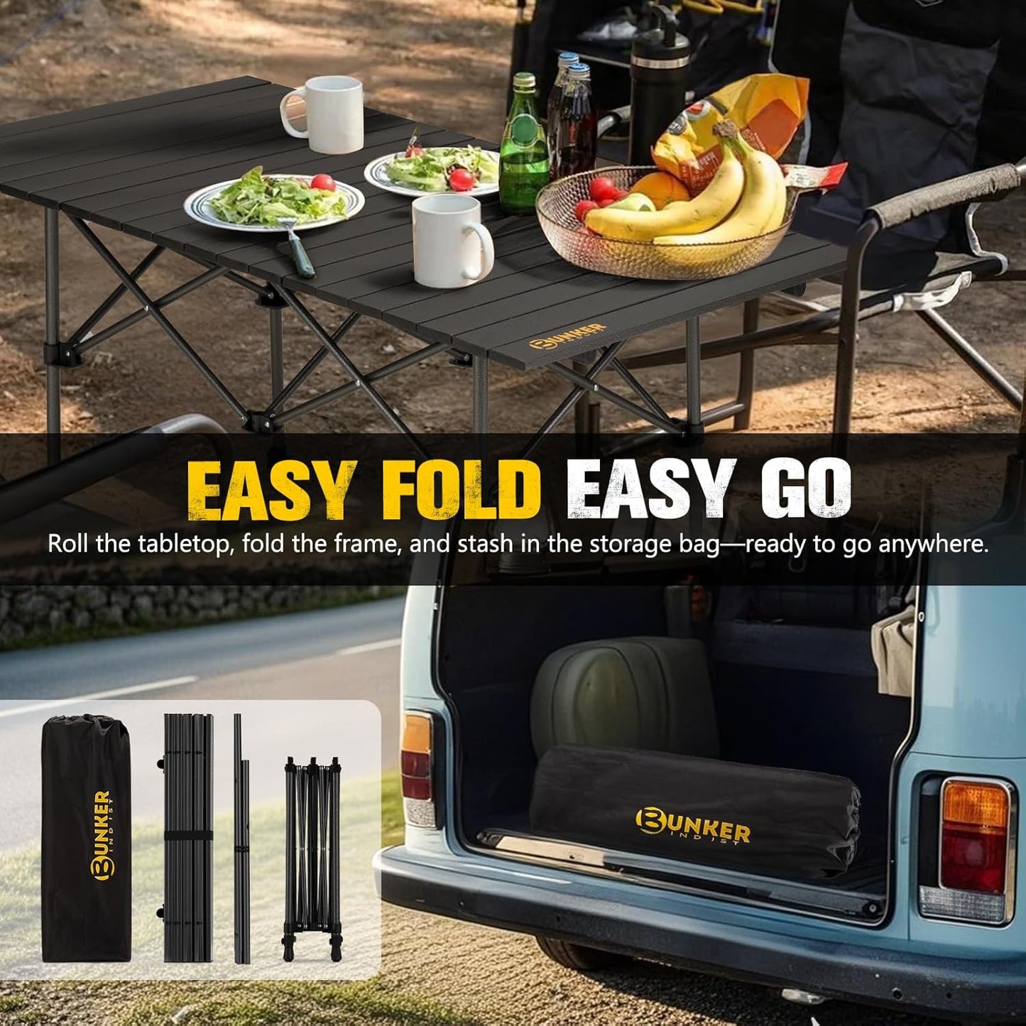 BUNKER INDUST Folding Camping Table, Outdoor Portable Roll-Top Aluminum Table with Carry Bag for Picnic,Beach,BBQ,Backyards, Adjustable Height
