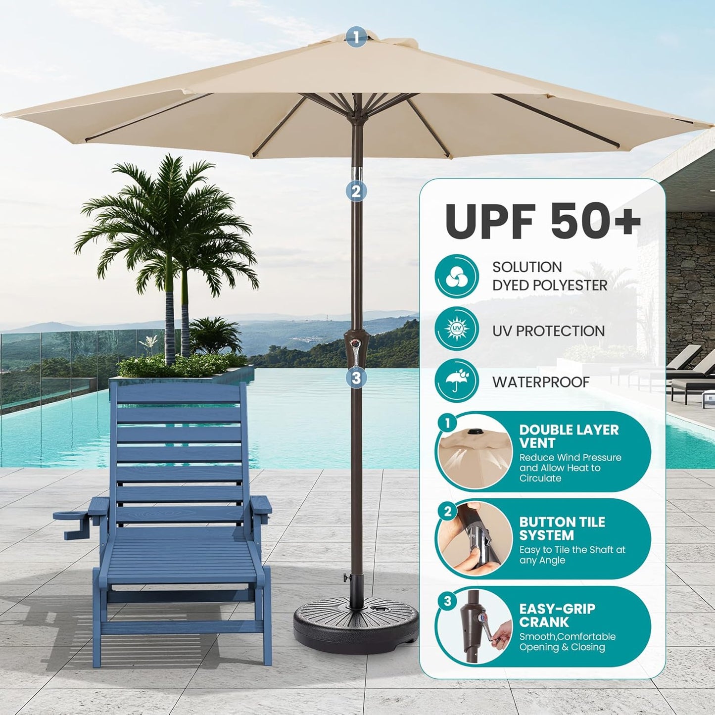 SERWALL Patio Chaise Lounge Chair Set of 2 with 9FT Patio Umbrella, 78'' HDPE Outdoor Lounger, Poly Lounge Chair with Rolling Wheels & Cup Holder for Pool,Blue (Umbreall Base not Included)