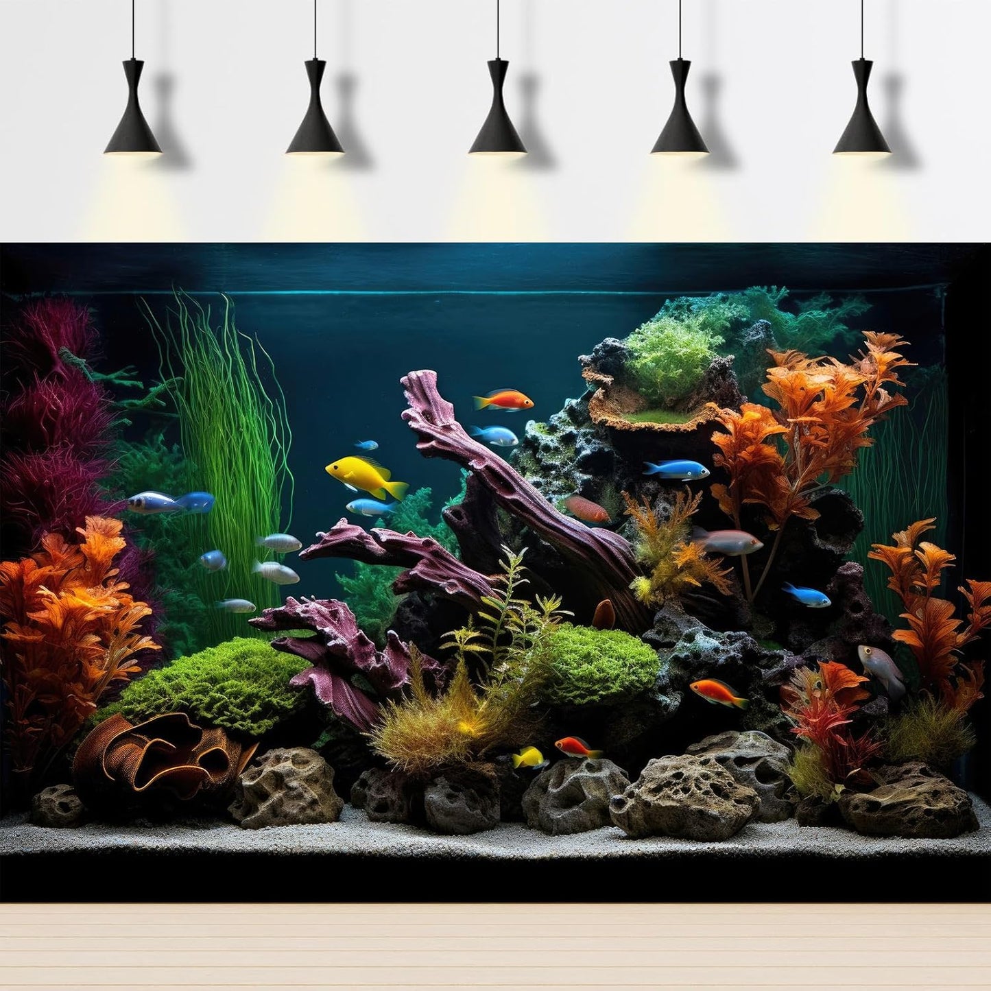 Aquarium Background Lush Aquatic Colorful Plants Terrarium Background Redwood Root Coral Reef Jungle Style Fish Tank Background Amazing Underwater View Aquarium Backdrop Wallpaper Poster Vinyl 48x20in