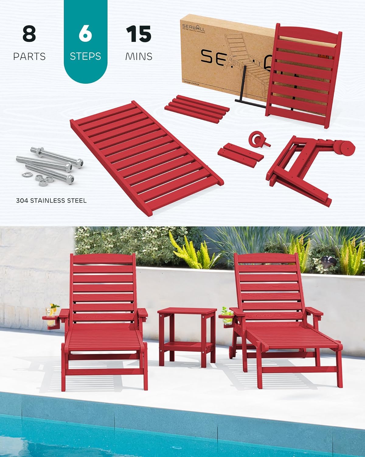 SERWALL Patio Chaise Lounge Chair, 78'' Long HDPE 5 Positions Adjustable Outdoor Lounger, Poly Lounge Chair with Rolling Wheels & Cup Holder for Pool, Bright Red
