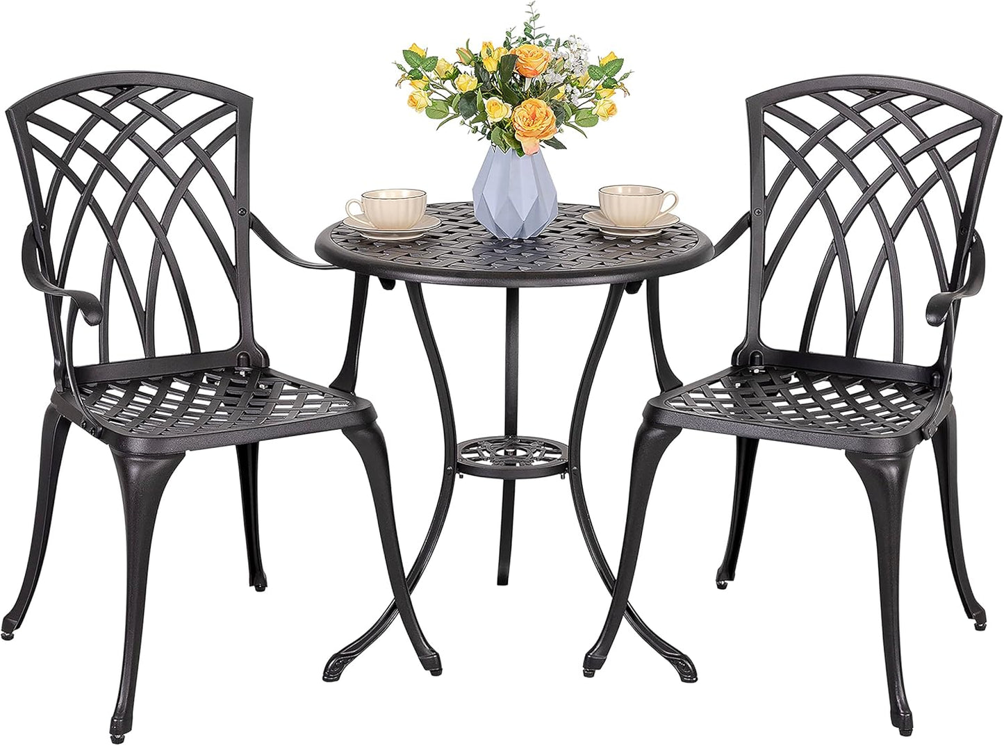 NUU GARDEN Patio Bistro Sets 3 Piece Cast Aluminum Bistro Table and Chairs Set with Umbrella Hole Bistro Set of 2 for Patio Backyard, Black