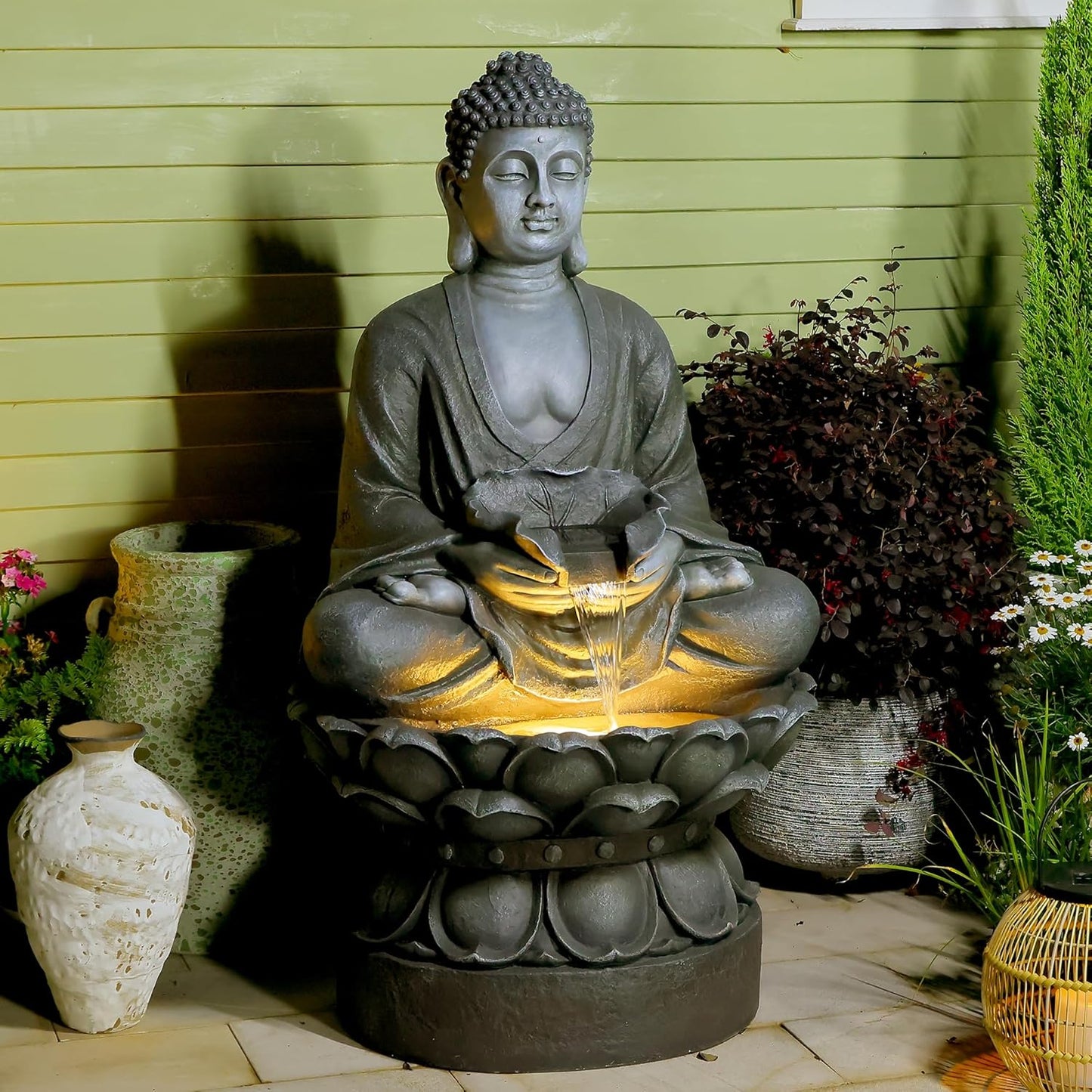 Buddha Water Fountain Outdoor Large Sitting Lotus Base Waterfall Fountains Zen Water Feature Indoor with LED Light for Garden Patio Backyard Deck Lawn Porch Balcony Home 45 inches Gray