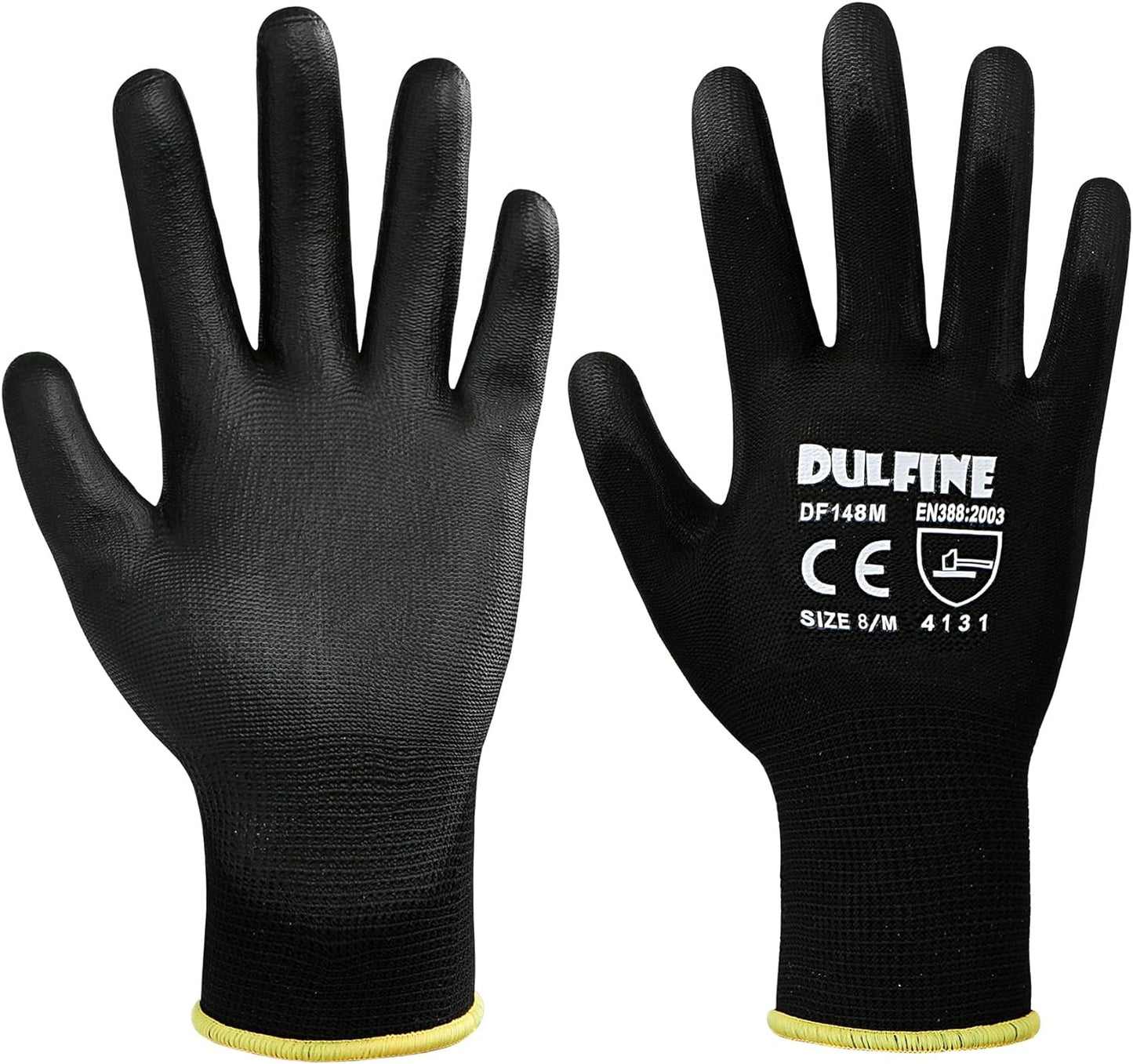 DULFINE Ultra-Thin PU Coated Work Gloves-12 Pairs,Excellent Grip,Nylon Shell Black Polyurethane Coated Safety Work Gloves, Knit Wrist Cuff,Ideal for Light Duty Work. (Large)