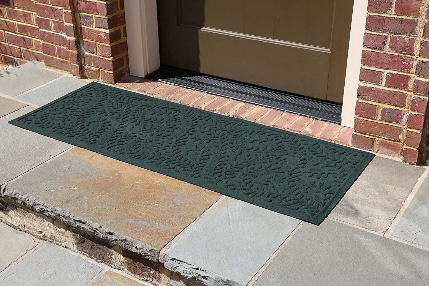 WaterHog Indoor/Outdoor Door Mat, 2' x 5', Made in USA, Durable & Skid-Resistant Front Door Rug, Decorative, Water-Trapping & Heavy-Duty Entryway Floor Mat For Your Home, Boxwood Collection, Evergreen