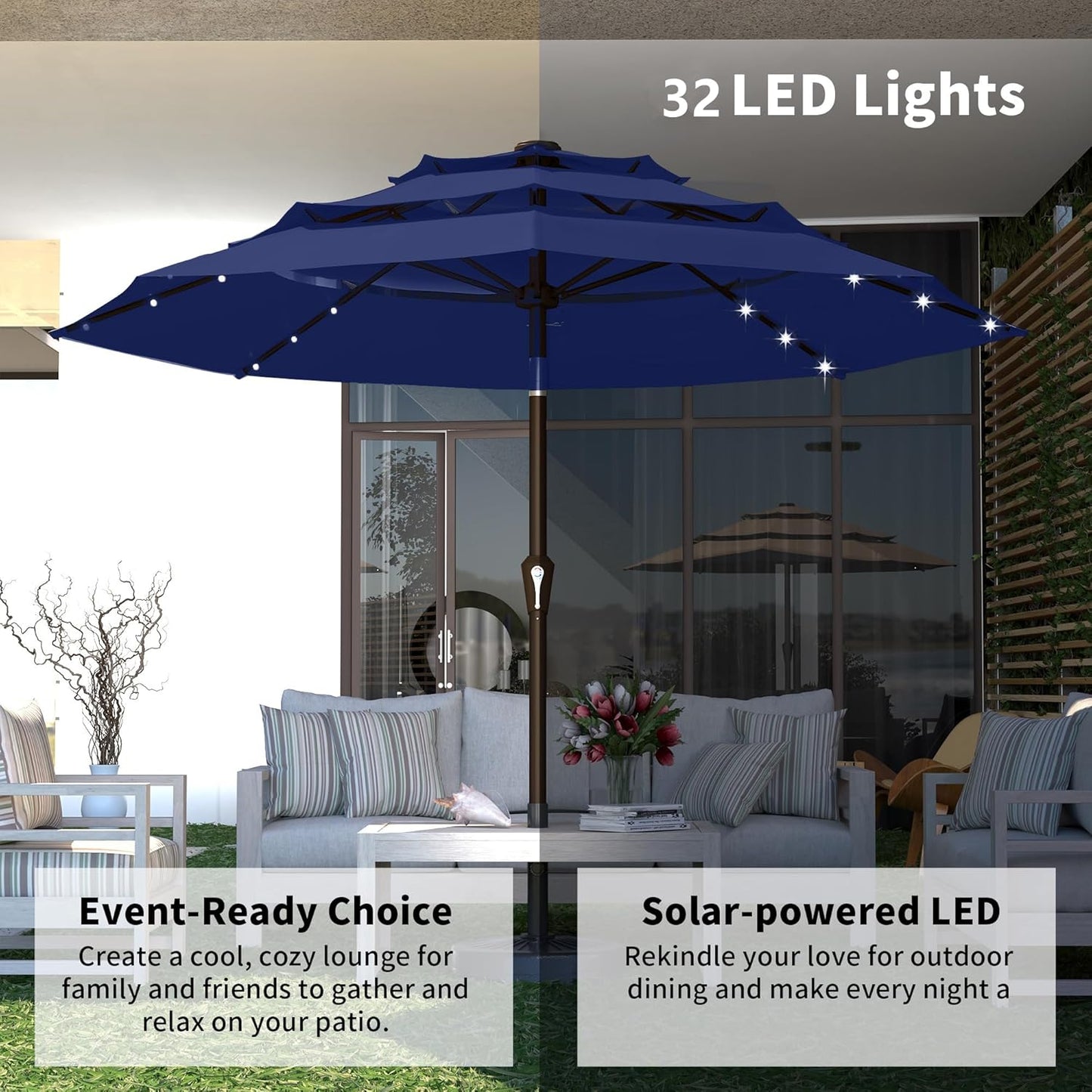 Kingdura 9ft 3-Tier Patio Umbrella with Solar Lights, Table Umbrella Outdoor Patio with Easy Crank & Tilt, 8 Sturdy Ribs, UV Protection, 32 LED Lights for Deck, Poolside, Market (Navy blue)