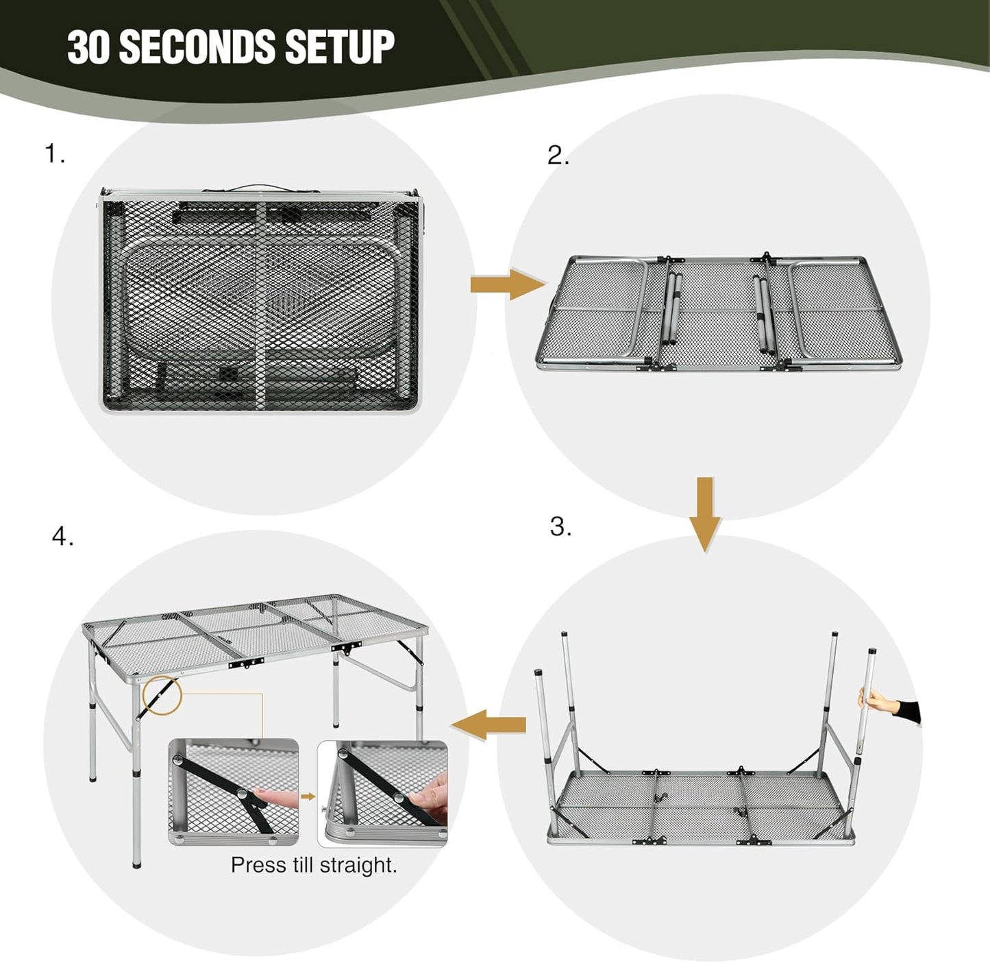 REDCAMP 48x24 Long Folding Grill Table for Outside, Lightweight Portable Metal Aluminum Outdoor Grill Table with Adjustable Height Legs, Great for Camping Picnic Cooking BBQ, Silver 4ft