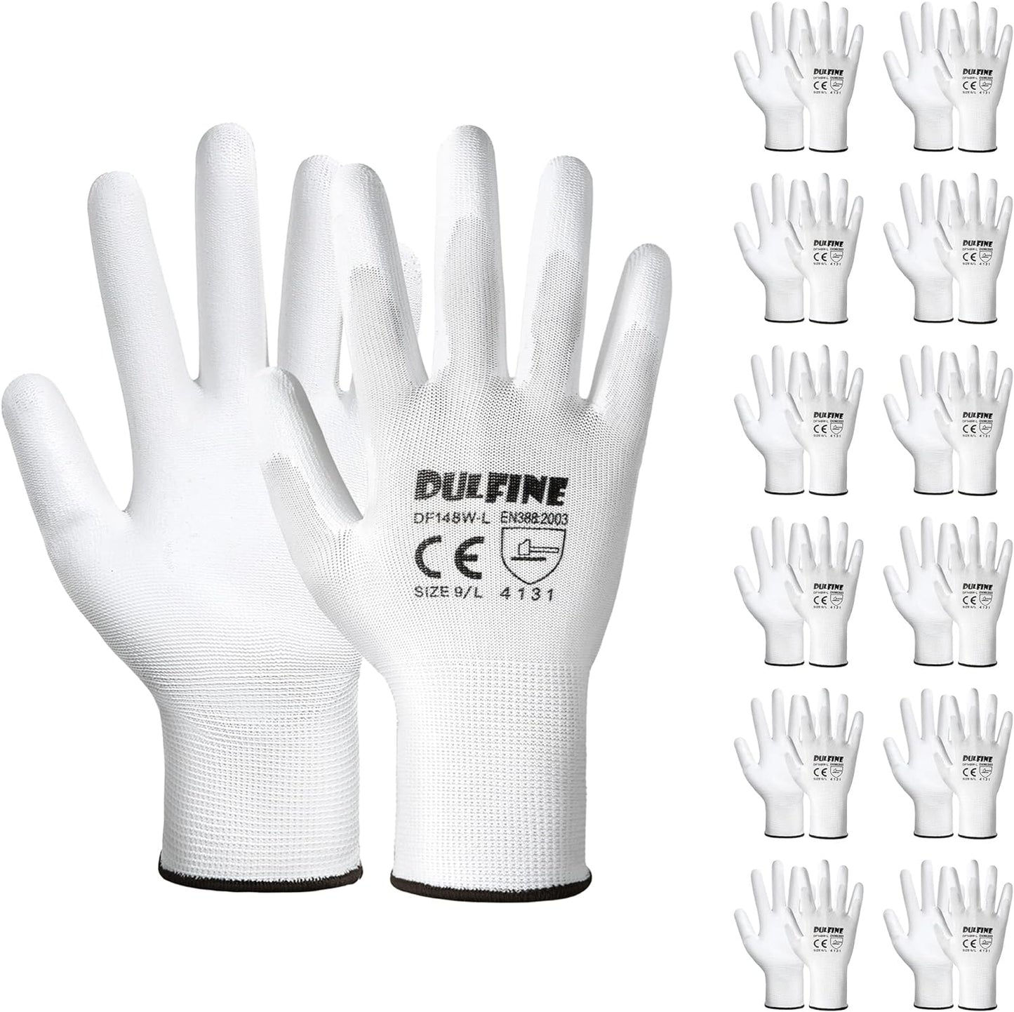 DULFINE Safety Work Gloves PU Coated-12 Pairs,White Seamless Knit Glove with Polyurethane Coated Smooth Grip on Palm & Fingers, for Men and Women, Ideal for General Duty Work (Small)