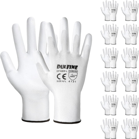 DULFINE Safety Work Gloves PU Coated-12 Pairs,White Seamless Knit Glove with Polyurethane Coated Smooth Grip on Palm & Fingers, for Men and Women, Ideal for General Duty Work (Medium)