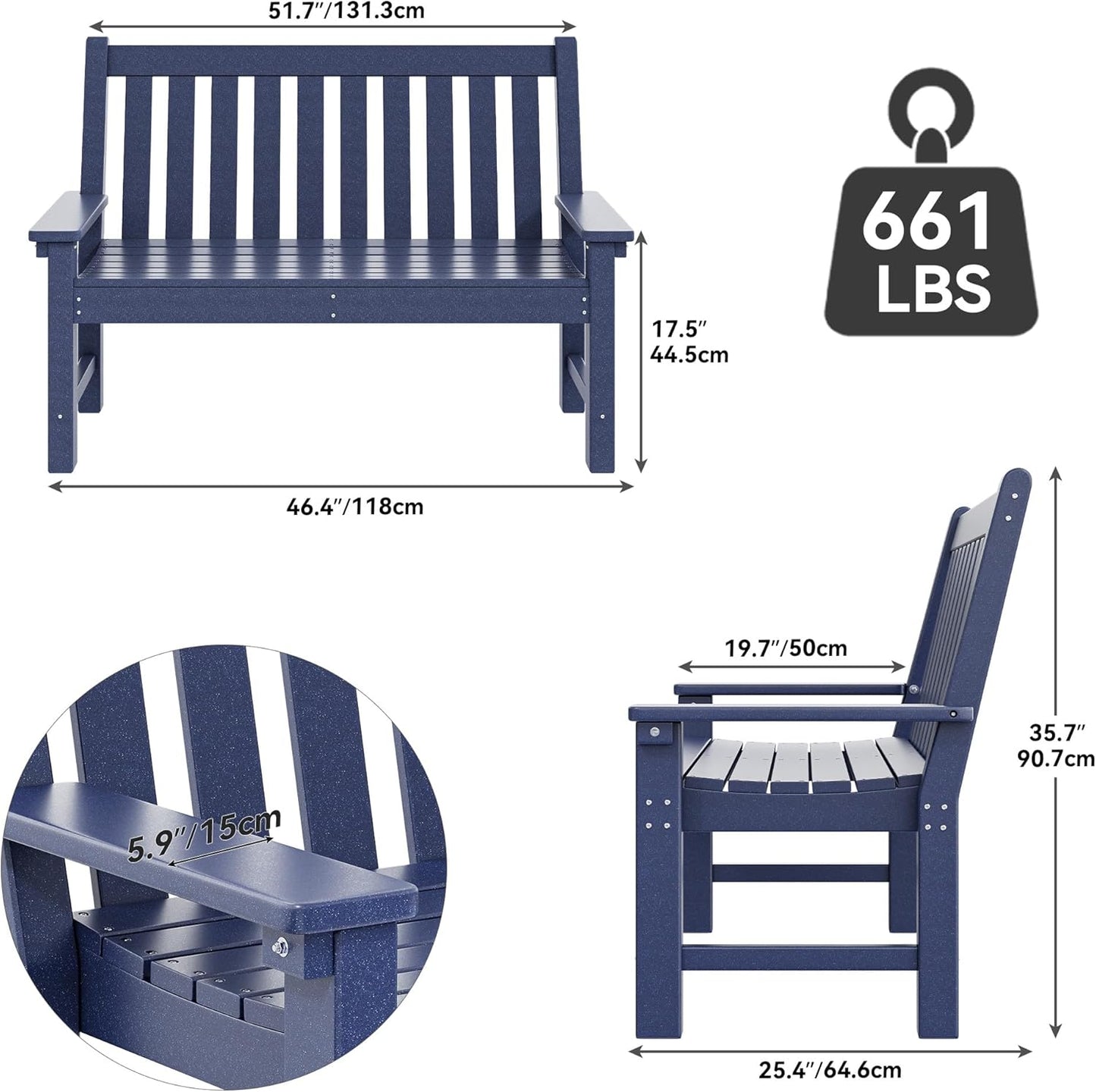 YITAHOME Garden Bench, All Weather Outdoor Bench for 2-3 Persons, Fade/Rot Resistance Patio Benches for Park, Porch, Patio & Backyard (Navy)