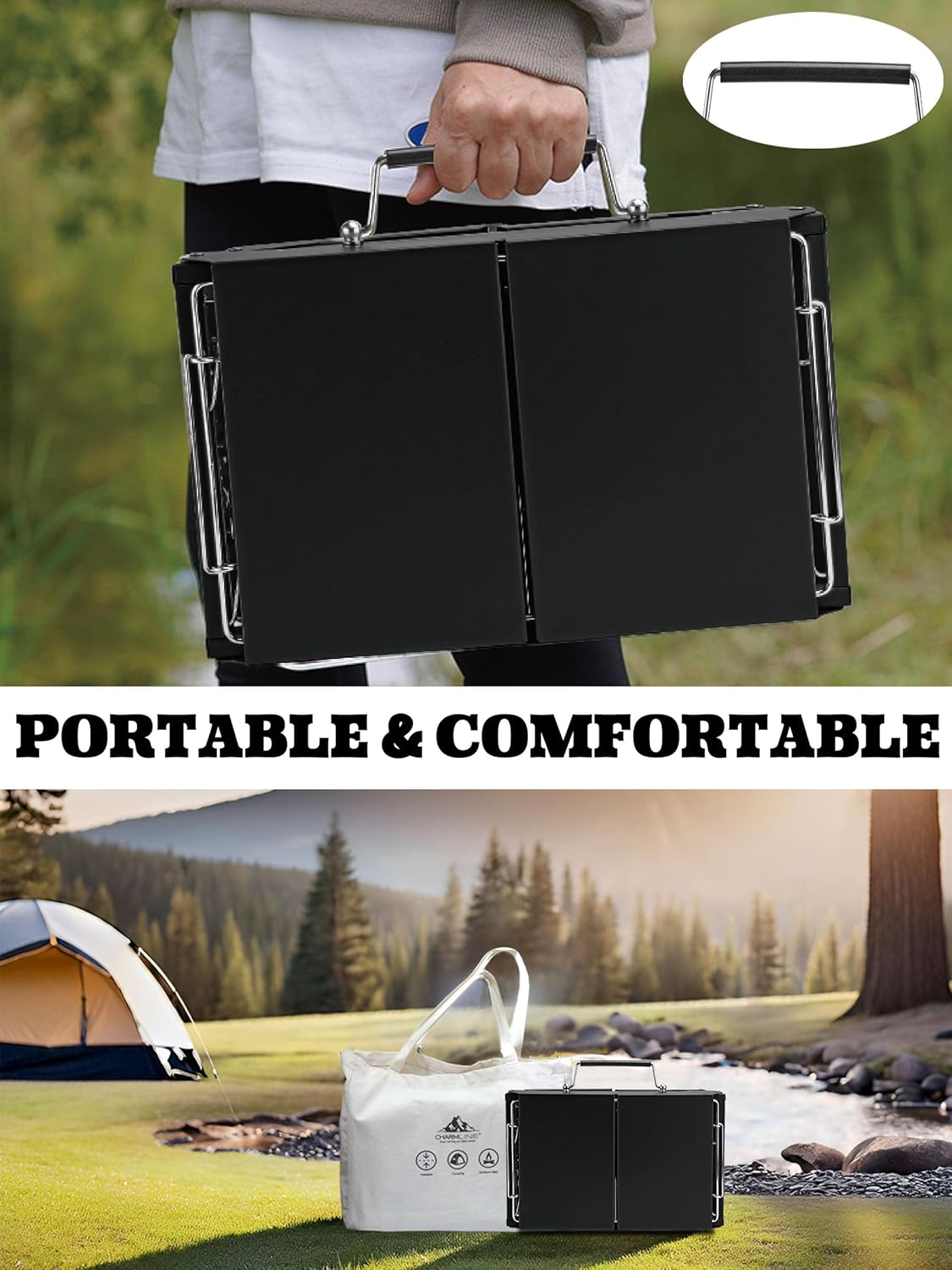 Charmline 14x9inch Foldable Portable Grill Charcoal, Compact Portable Grill for Outdoor Use, Desktop Charcoal Grill, BBQ Grill for Camping, Picnics, Gardens and Beach Parties, Green, Black