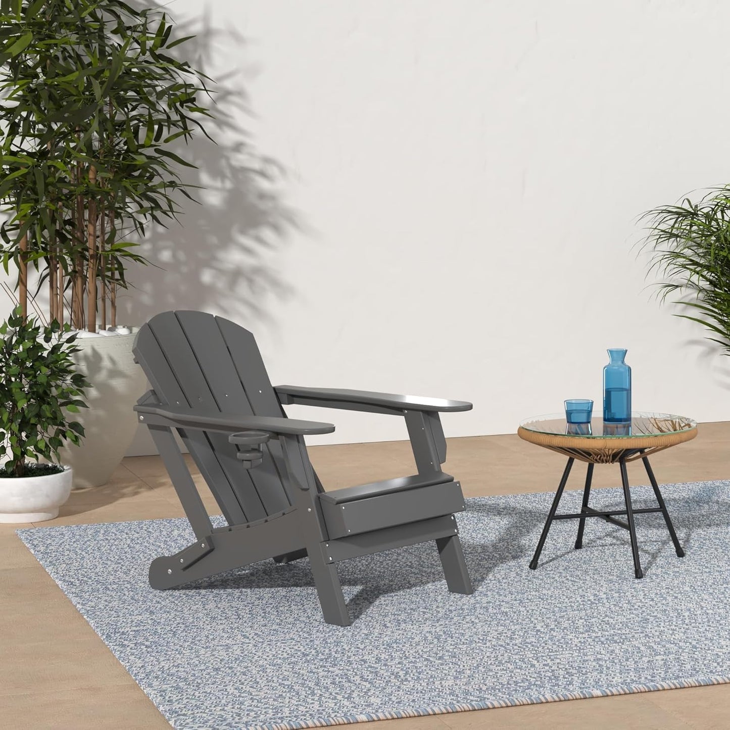 GREENVINES Folding-Adirondack-Chairs-Set-of-4 | HDPE Plastic | Fire Pit Chair | All Weather | Cup Holder | Grey | for Deck Backyard Patio Outdoor Garden