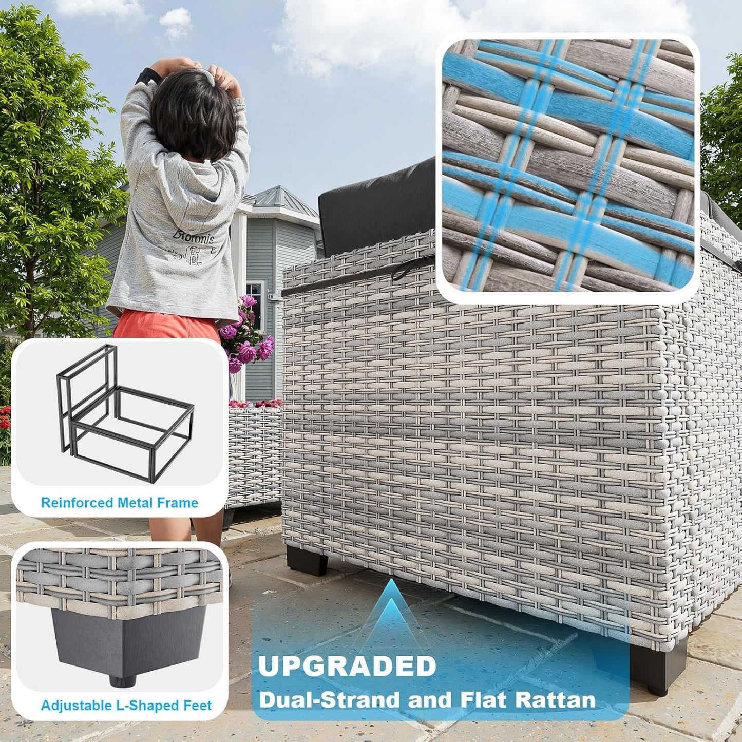 15-Piece Patio Furniture Set, Outdoor Patio Furniture with 55,000 BTU Fire Pit Table, Thick Cushions, Modular Patio Sofa, Dual-Strand Wicker Rattan, Rust-Resistant Frame, Black