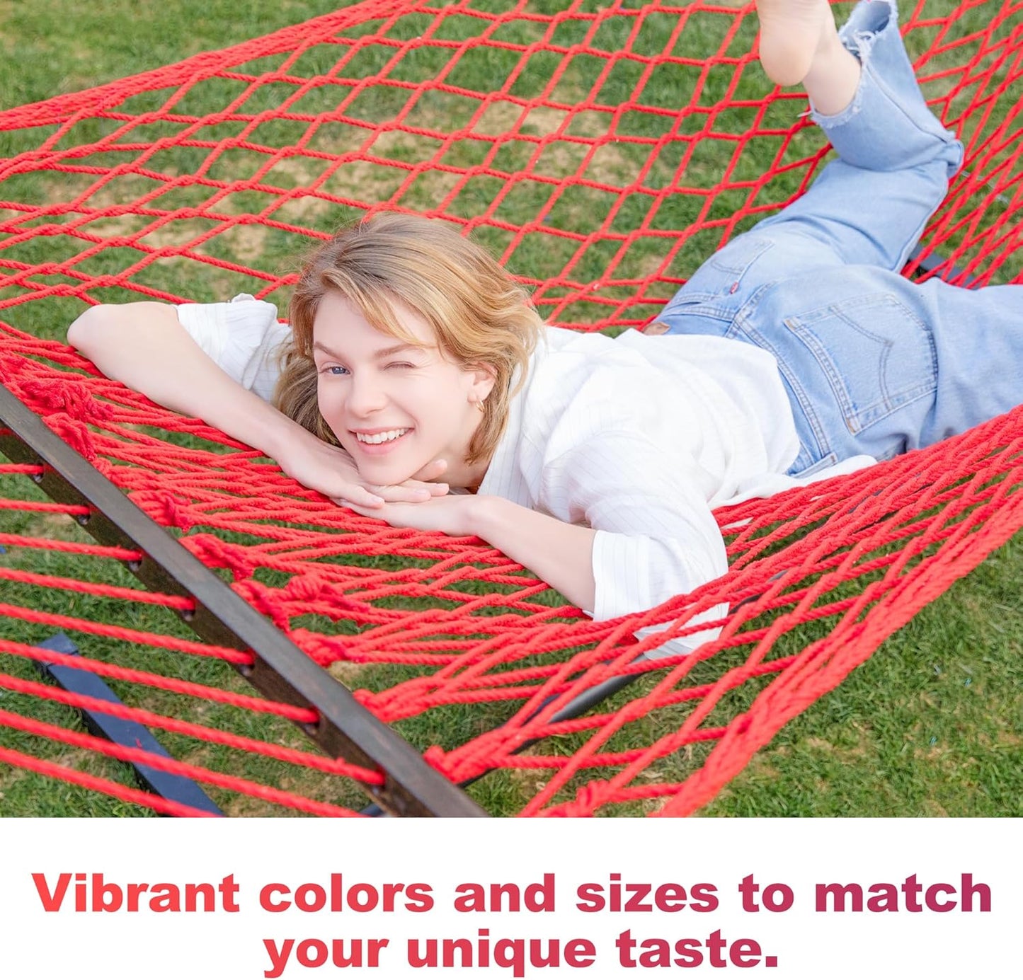 12ft Double Hammocks, Handwoven Traditional Cotton Rope Hammock with Hardwood Spreader Bar, Chains and Hooks for Indoor Outdoor, Max 450 lbs Capacity (Cherry, Full)