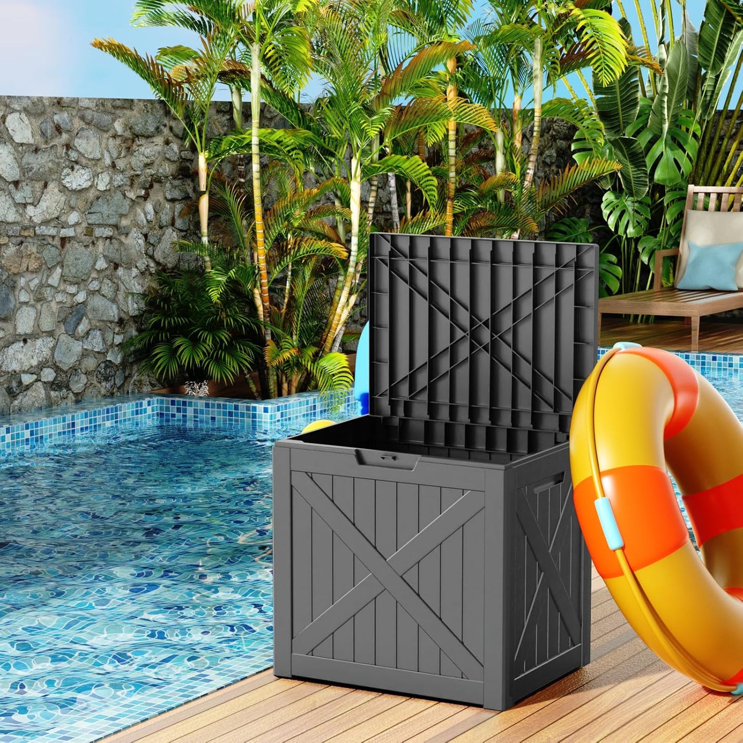 32 Gallon Resin Deck Box, Lockable Outdoor Storage Box for Patio Cushions Storage Furniture,Garden Tools, Pool Supplies, Weatherproof and UV Resistant（Black X）
