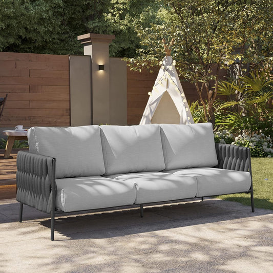 EAST OAK Life Chatter Outdoor Sofa, Outdoor Furniture 3 Seats with Waterproof Thick Cushions, Modern Patio Sofa Deep Seating for Outdoor Garden Porch Blackyard, Earth Black & Misty Grey