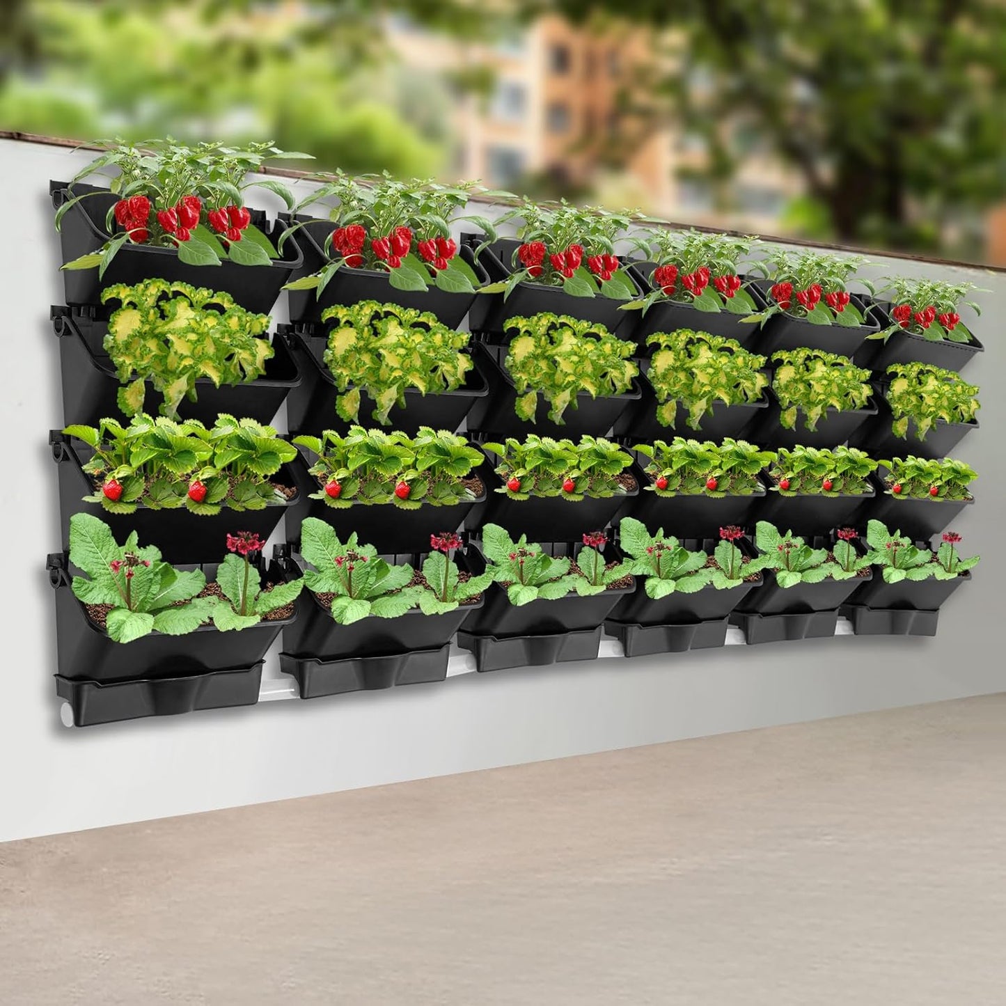 24Pack Vertical Wall Planter, 13 inch Wall Mounted Garden Planters, Stackable Wall Hanging Planter, Plastic Flower Pot with 4 Drainage Tray & 6.56FT Drainage Pipe for Indoor and Outdoor (Black)
