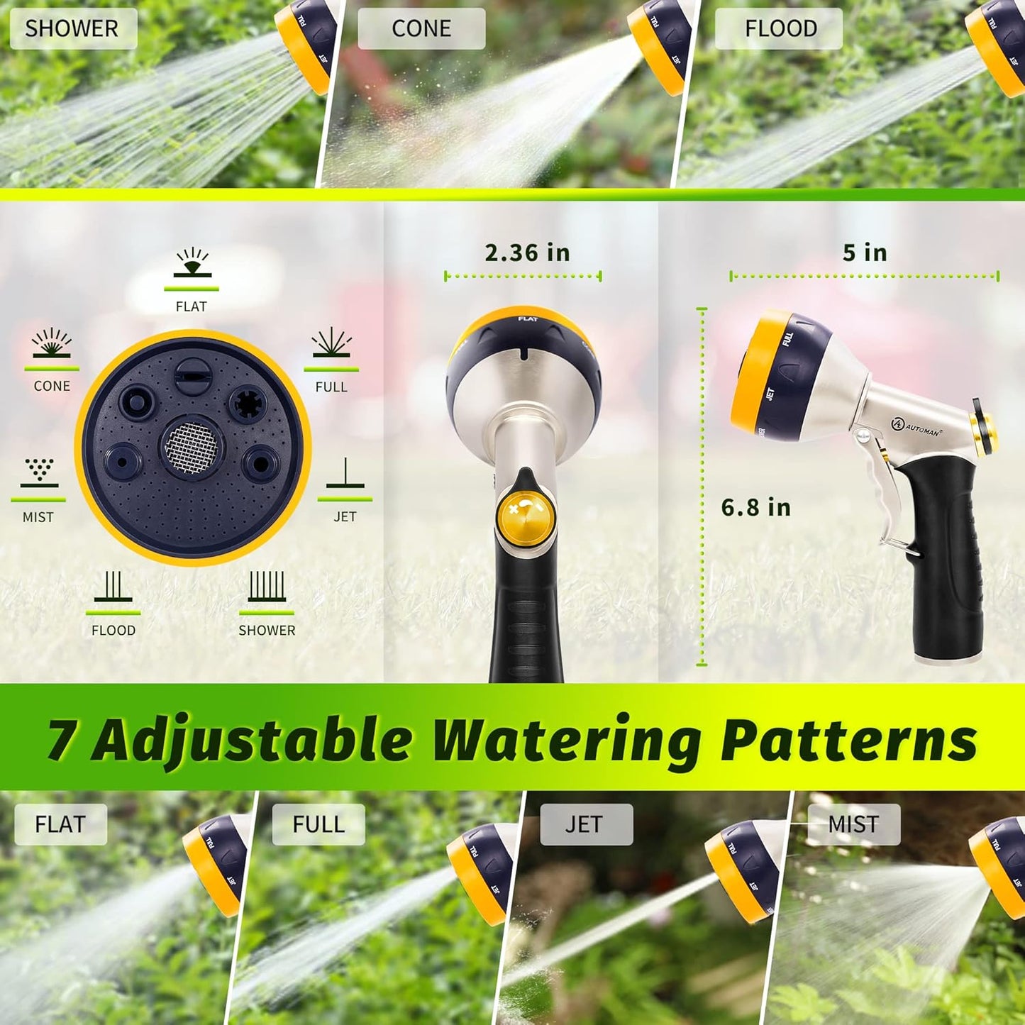 AUTOMAN Garden Hose Nozzles - High Pressure 100% Metal Hose Sprayer 2 Pack, Heavy Duty Garden Watering Nozzle Set, Powerful Garden Nozzle for Watering Plants, Window Cleaning,Washing Cars,Pets Bathing