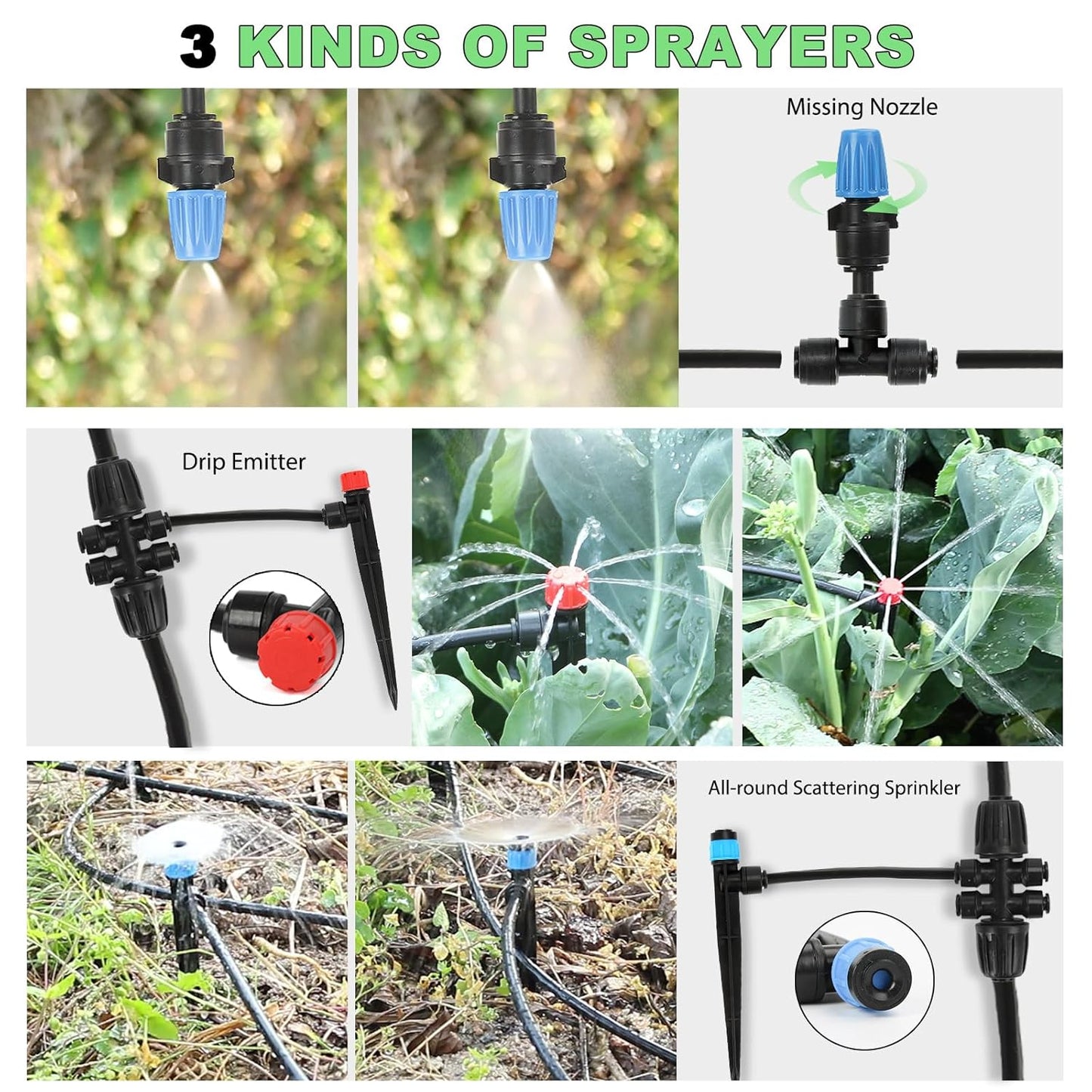 177FT Drip Irrigation Kit – 2025 New Quick-Connect Micro Irrigation System with 46FT 1/2'' Tubing, Locking Nozzle Emitters, Adjustable Misting Sprayers for Gardens, Lawns, Raised Beds and Greenhouses