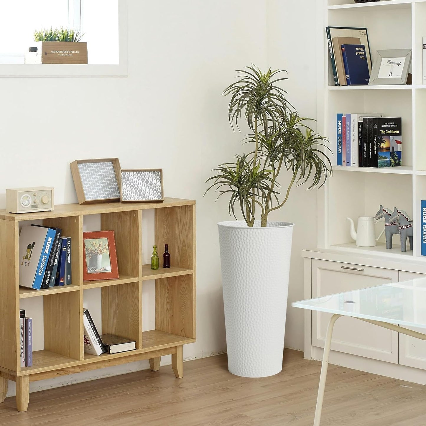 Worth Garden 2-Pack 25" H. Metal Planter with 2X Inside Pots - Hand-Hammered Texture Tall Tapered Plant Pots - Large Handcrafted Flower Pot for Indoor Outdoor, Deck, Patio, Front Porch (White)