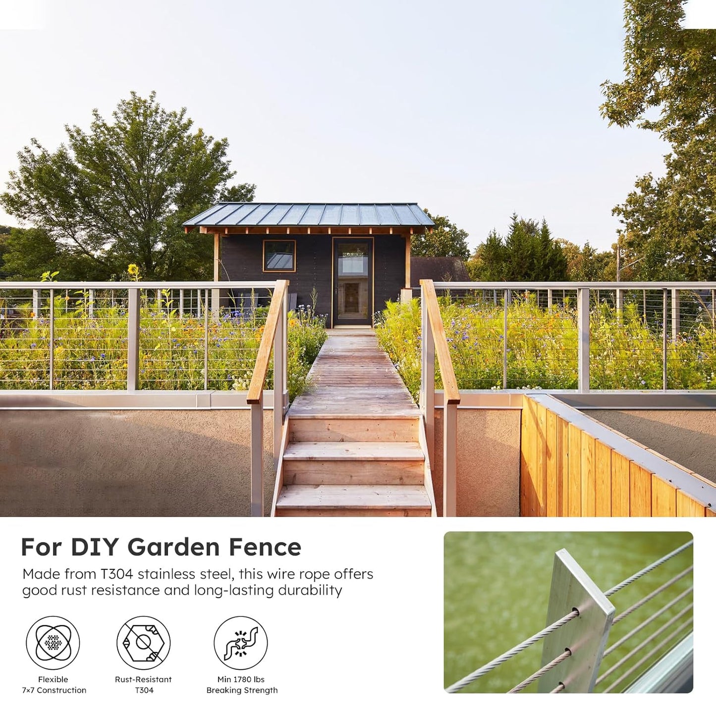 1/8 Inch Stainless Steel Cable Kit 200FT, 7 x 7 Strands Wire Rope with Aluminium Sleeves & Thimbles for Deck Railing, String Light Hanging, Shade Sail, Garden and DIY Projects