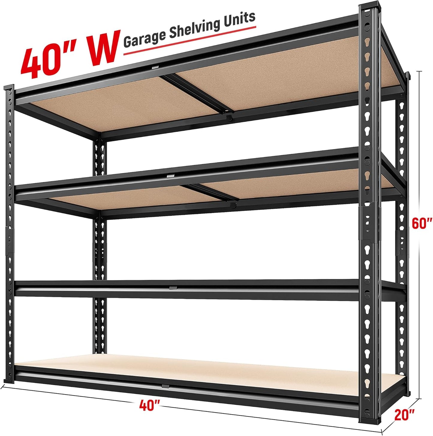 REIBII 40" W Garage Shelving 2000LBS Storage Shelves Adjustable Metal Shelving Heavy Duty 4 Tier Garage Shelves 60" H Metal Shelves for Closet Pantry Kitchen Warehouse 40" W × 20''D × 60''H