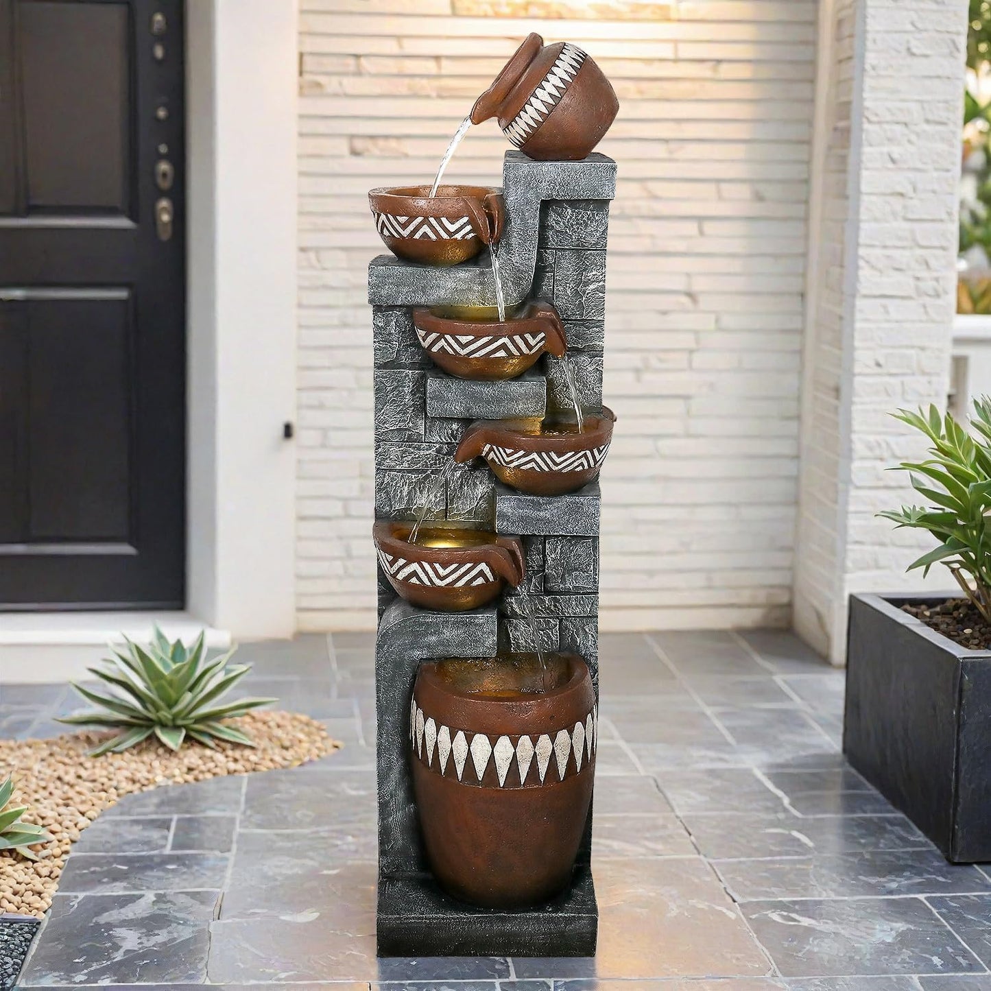 56.6in High Outdoor Indoor Water Fountain, 6-Tiered Poly-Resin Waterfall Fountain with LED Lights, Decorative Floor Standing Fountain for Garden, Patio, Yard, Home Decor