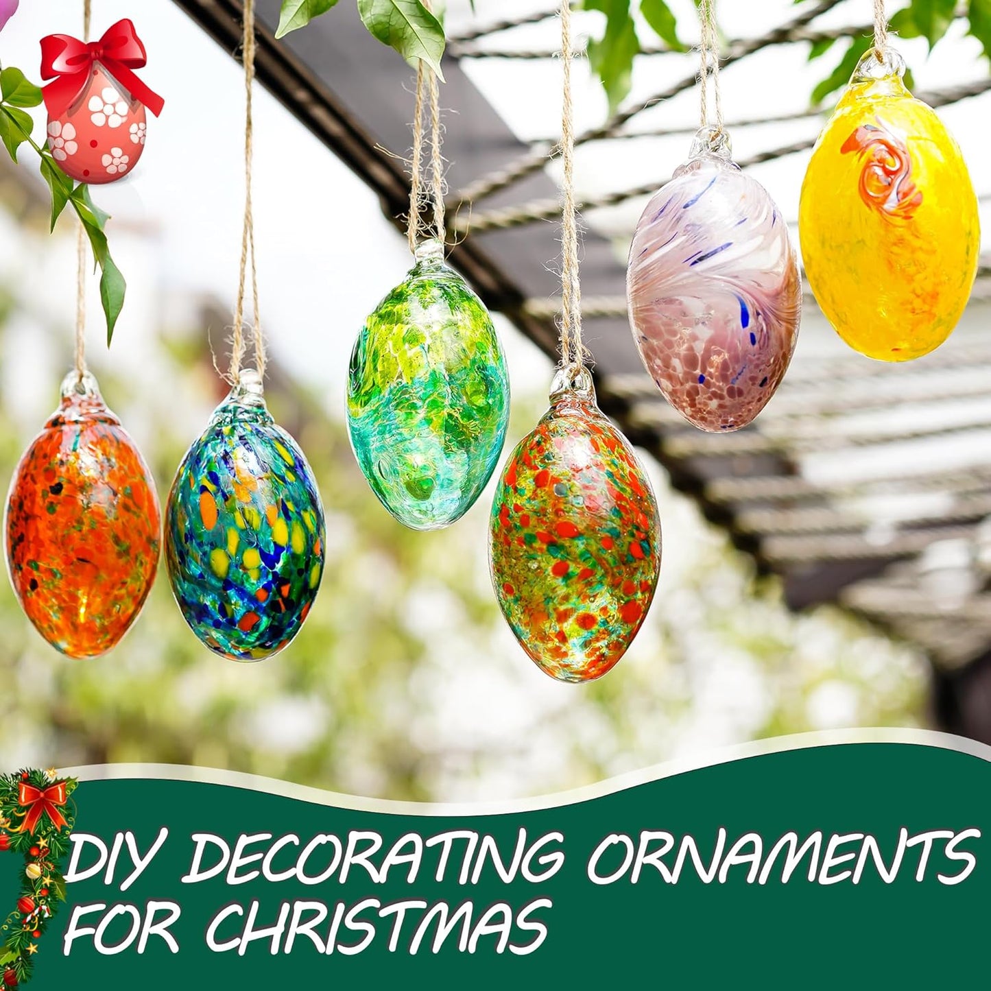 6PCS Hand Blown Glass Egg Ornaments Colorful Hanging Ornament Balls Gazing Ball Friendship Ball Decor for Garden Patio Window Christmas Tree