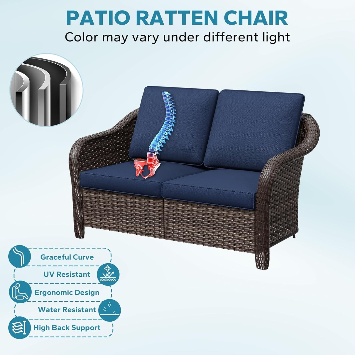 4 Pieces Outdoor Conversation Furniture Set, 55" Patio Couch，47" Metal Coffee Table, 2 Chairs, Rattan Wicker Sofa with Removable Cushions for Bistro, Deck (Navy Blue)