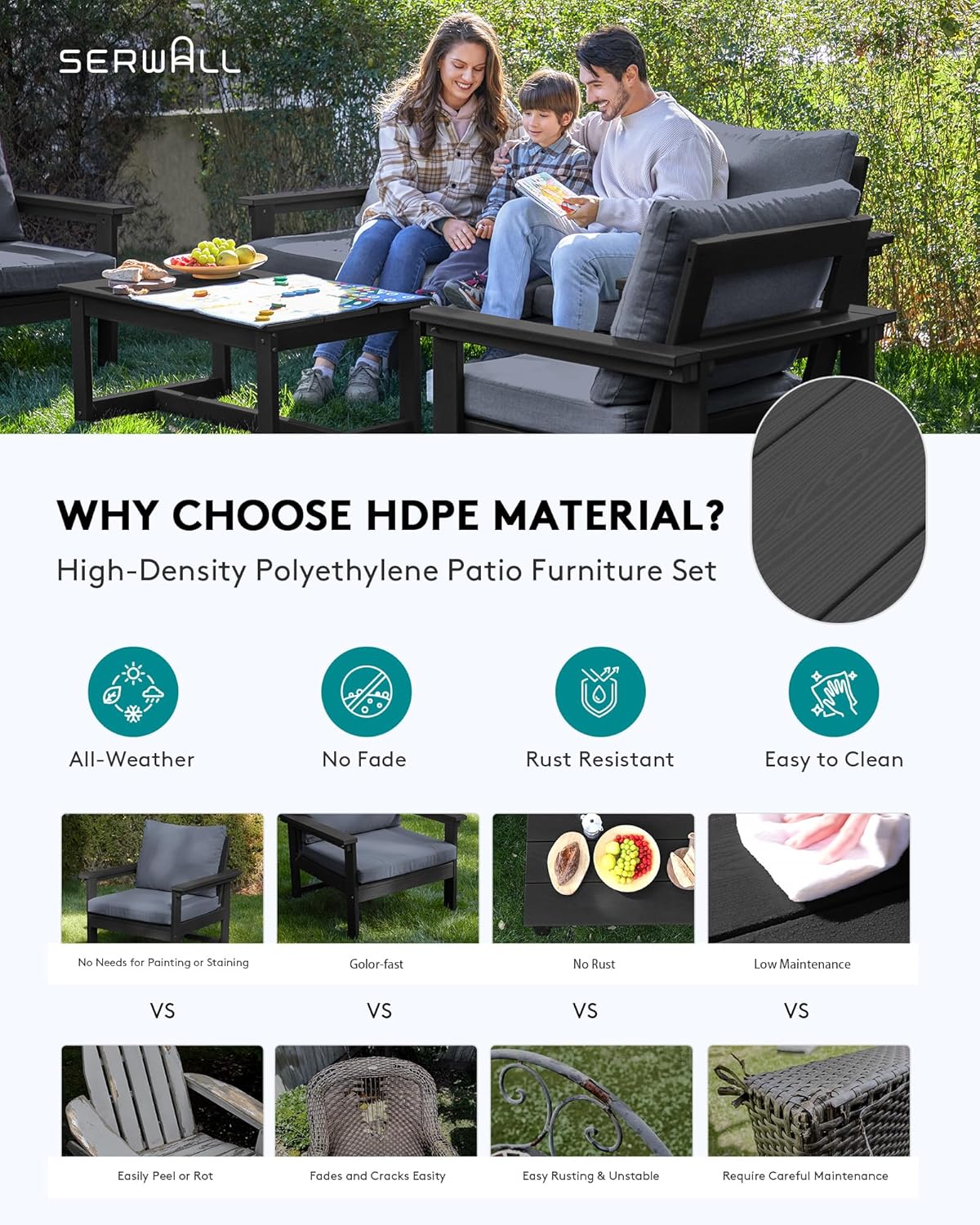 SERWALL HDPE Patio Conversation Set, 6-Piece Sectional Outdoor Furniture Set, All Weather Outdoor Couch Set Patio Furniture Set for Deck, Lawn, Black Frame with Grey Cushion